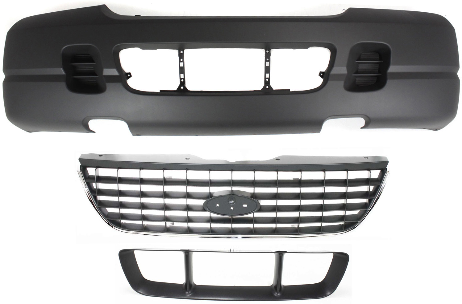 AM EXPLORER 03-04 FRONT BUMPER COVER 3 pc Kit with Bumper Grille and Grille Assembly SKU KIT 021118-147 Partslink FO1000633 FO1036108 FO1200396 OEM 3L2Z17D957RC 1L2Z17K945BAA 1L2