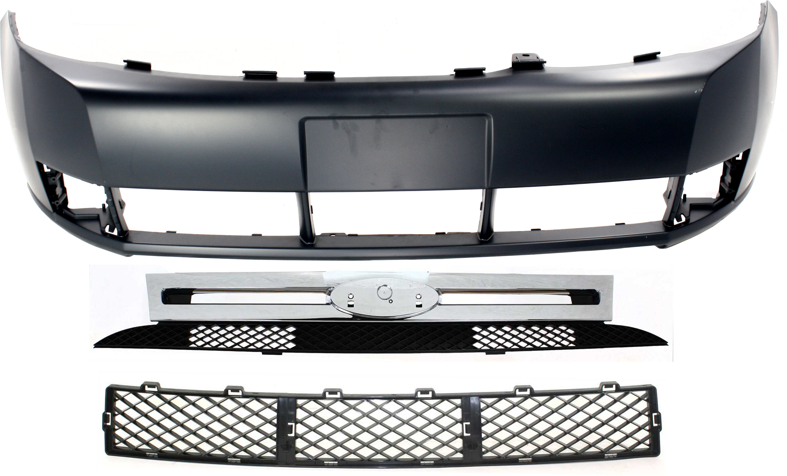 AM FOCUS 08-11 FRONT BUMPER COVER 3 pc Kit with Bumper Grille and Grille Assembly SKU KIT 021118-148 Partslink FO1000634 FO1036124 FO1200503 OEM 8S4Z17D957APTM 8S4Z17K945AA 8S