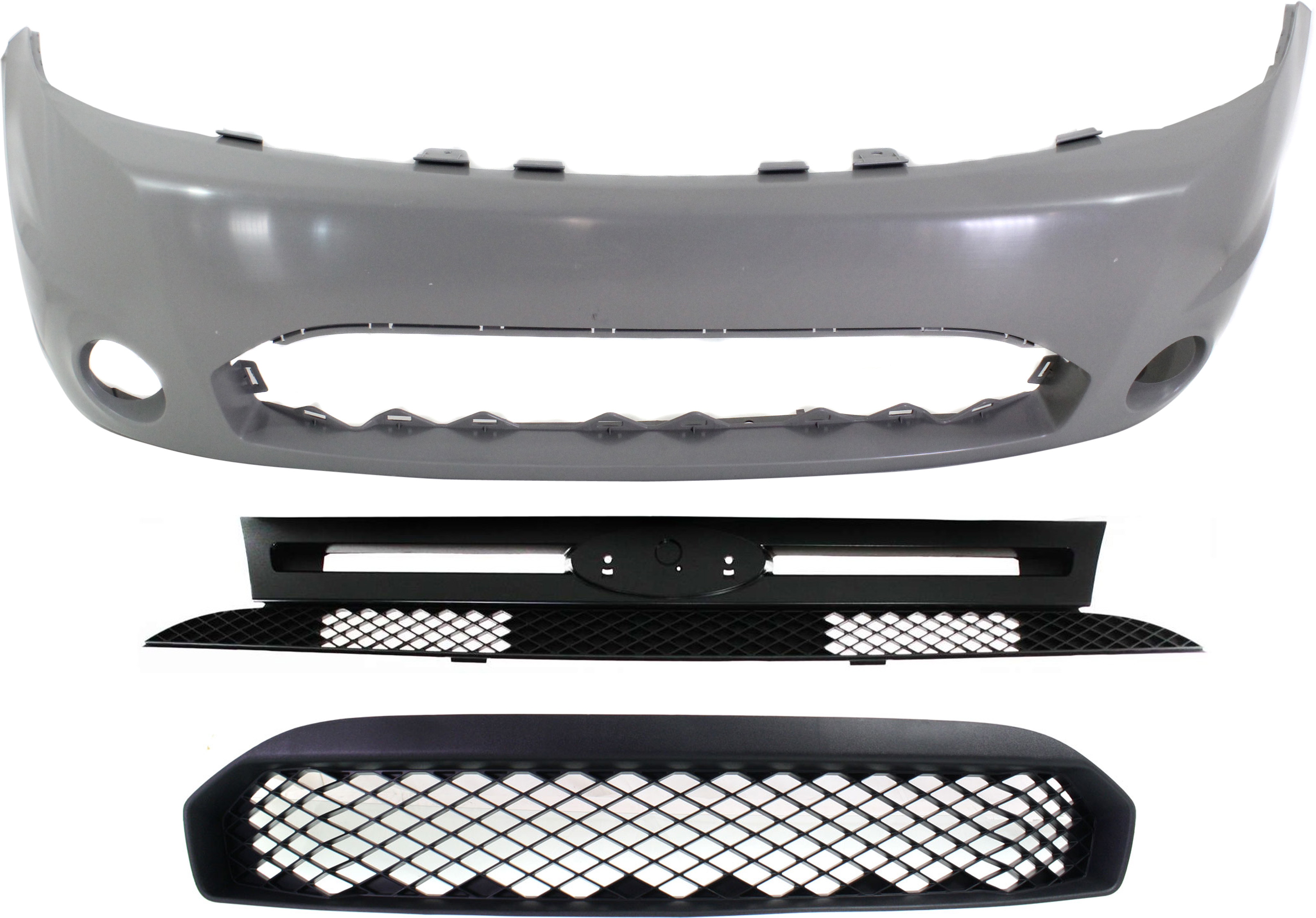 AM FOCUS 09-11 FRONT BUMPER COVER 3 pc Kit Primed w Fog Light Holes w o parking aid sensor holes with Bumper Grille and Grille SKU KIT 021118-149 Partslink FO1000641 FO1036131 FO1200504 OEM 9S4Z17D957BAPTM 9S4Z17K945AA 9