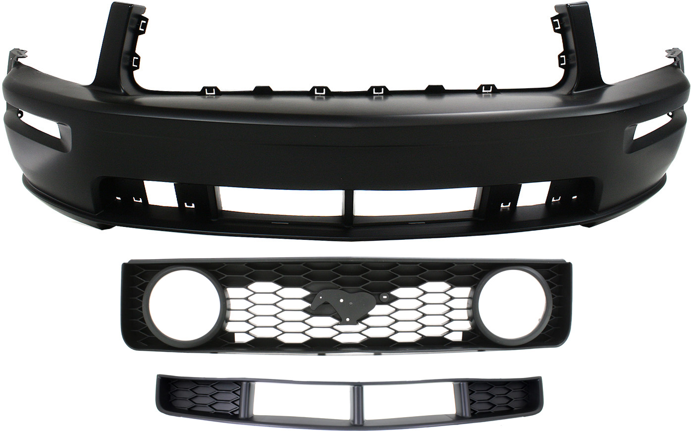 AM MUSTANG 05-09 FRONT BUMPER COVER Primed GT Model w o California Package 3 pc Kit with Bumper Grille and Grille Assembly SKU KIT 021118-156 Partslink FO1000575 FO1036114 FO1200422 OEM 5R3Z17D957BAA 7R3Z17K945BA 6R3