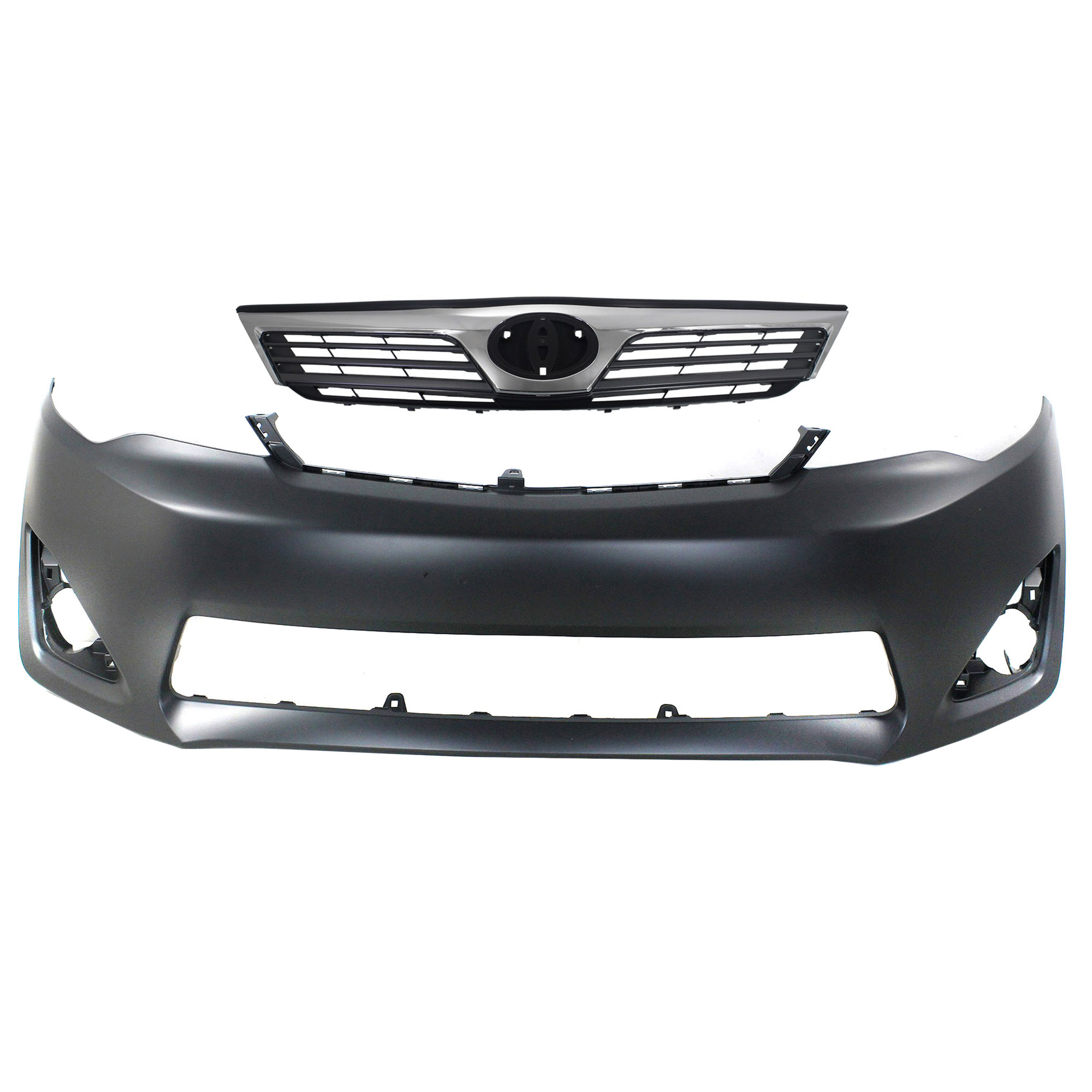 AM CAMRY 12-14 FRONT BUMPER COVER Primed w Fog Light Holes 2 pc kit with Grille SKU KIT 021118-26 Partslink TO1000378 TO1200344 OEM 5211906974-5310106320