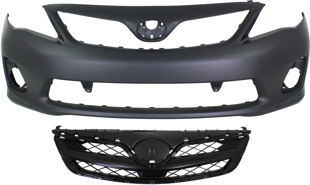 AM COROLLA 11-13 FRONT BUMPER COVER 2 pc Kit Primed w Fog Light Holes w o parking aid sensor holes with Grille SKU KIT 021118-45 Partslink TO1000373 TO1200340 OEM 5211903902-5310002410C0
