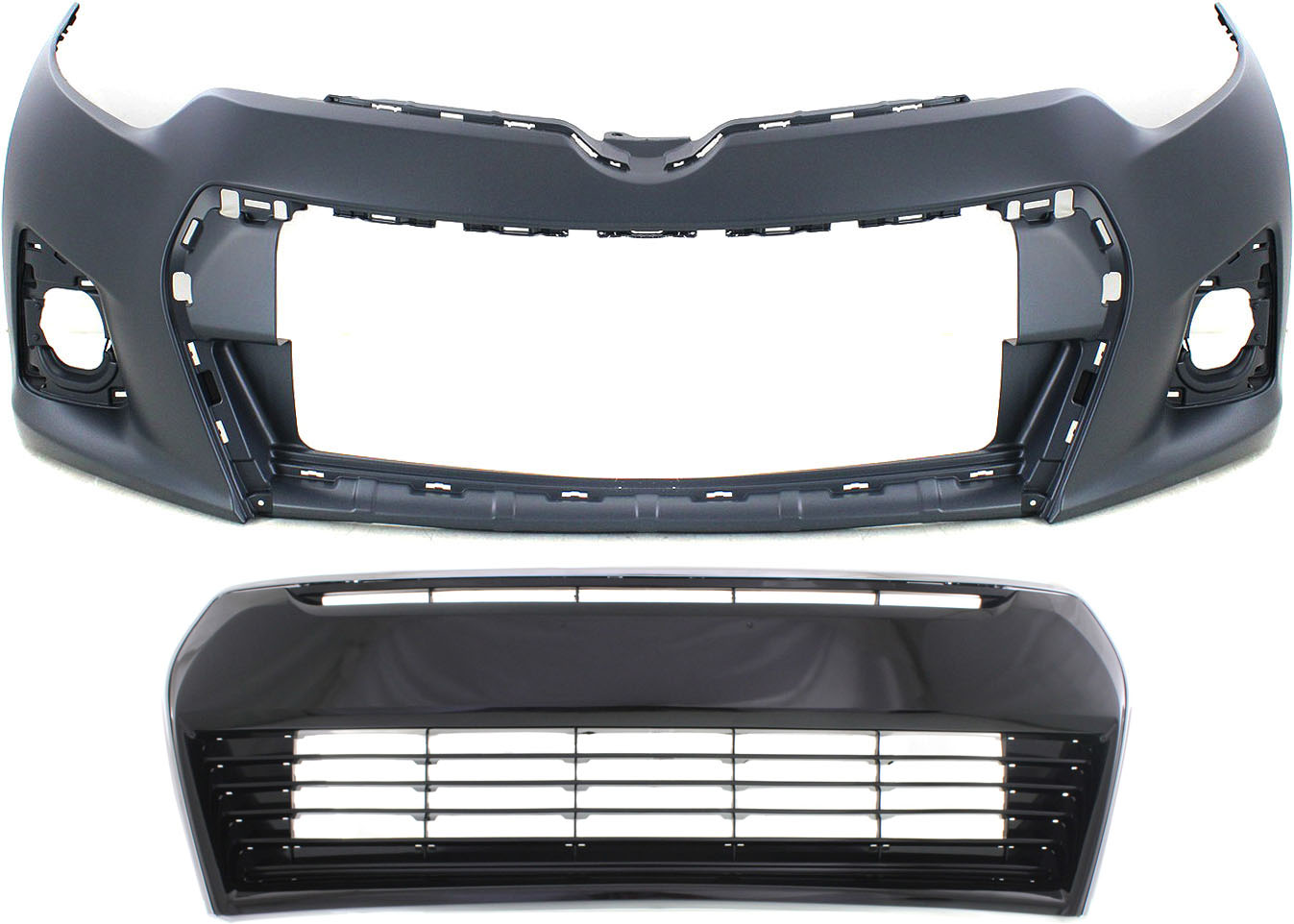 AM COROLLA 14-16 FRONT BUMPER COVER Primed 2 pc Kit w Bumper Grille SKU KIT 021118-53 Partslink TO1000400 TO1036150 OEM 5211903906-5310202210