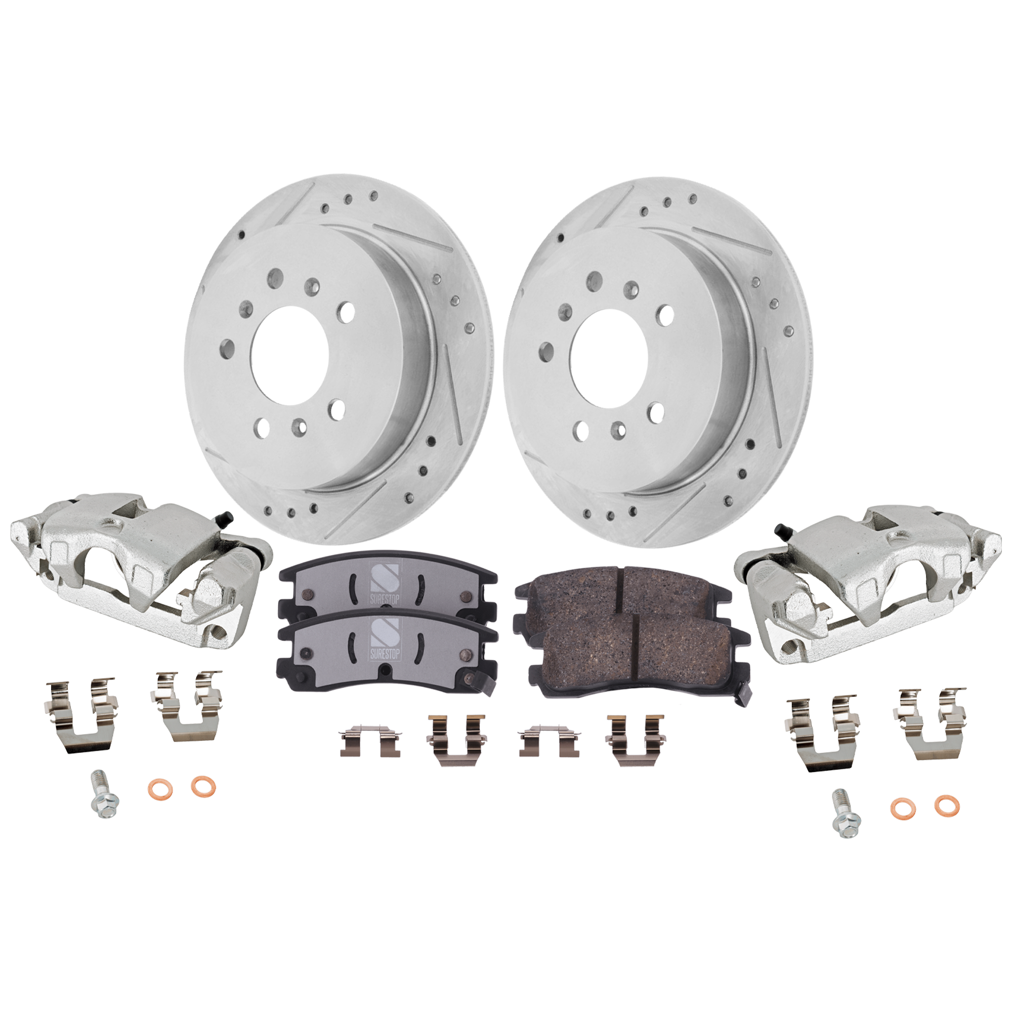 AM IMPALA 10-10 REAR BRAKE KIT WITH CALIPERS 2 Wheel Set Includes 2 Brake Caliper 2 Brake Disc and 1 Brake Pad Set Cross drilled and Slotted 5 Lugs Ceramic SKU KIT 021225-09 OEM 55125-145628-493745-580401-900