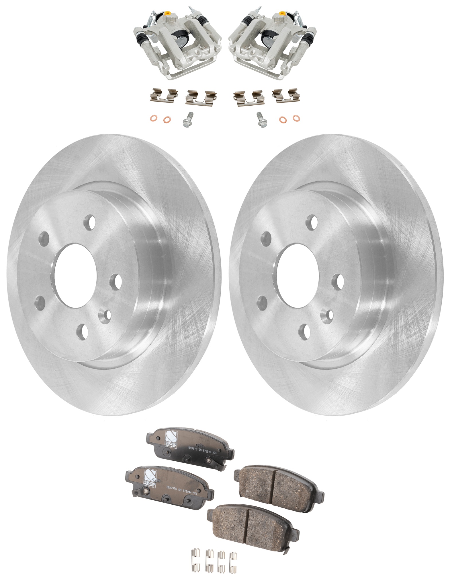 AM CRUZE 13-15 CRUZE LIMITED 16-16 REAR BRAKE KIT WITH CALIPERS 2 Wheel Set Includes 2 Brake Caliper 2 Brake Disc and 1 Brake Pad Set Plain Surface 5 Lugs Cast Iron Ceramic SKU KIT 021225-10 OEM 41272-55199-850232-886208-9009