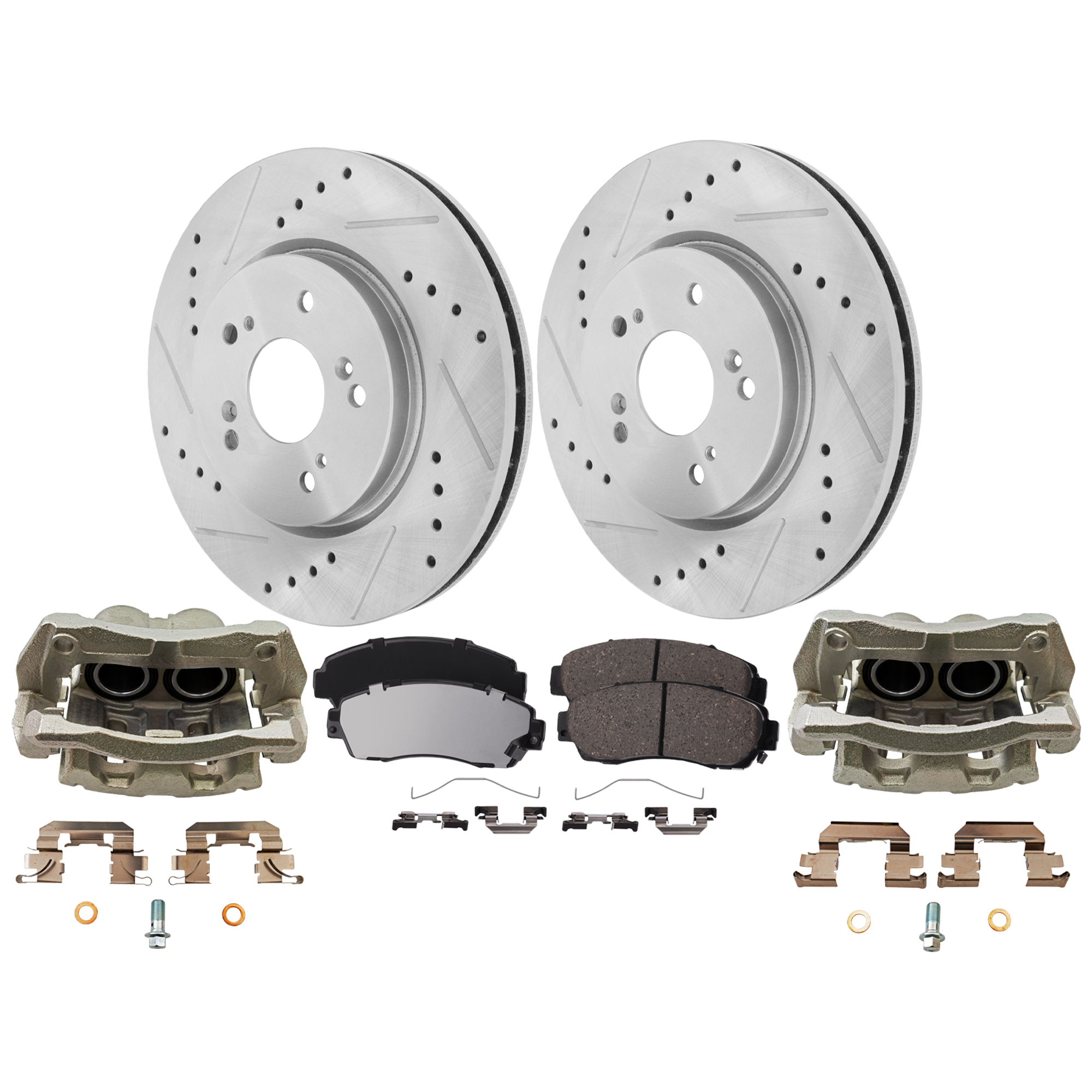 AM ACCORD CROSSTOUR 11-11 CR V 12-16 FRONT BRAKE KIT WITH CALIPERS 2 Wheel Set Includes 2 Brake Caliper 2 Brake Disc and 1 Brake Pad Set Cross drilled and Slotted 5 Lugs Ceramic SKU KIT 021225-17 OEM 31455-44583-60420-0833007-9003