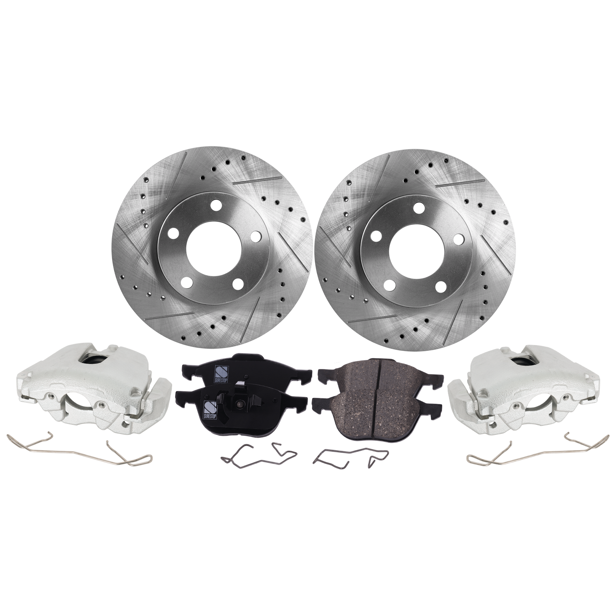 AM MAZDA 3-05-13 FRONT BRAKE KIT WITH CALIPERS 2 Wheel Set Includes 2 Brake Caliper 2 Brake Disc and 1 Brake Pad Set Cross drilled and Slotted 5 Lugs Cast Iron Ceramic SKU KIT 021225-31 OEM 31373-48880295-60080041-31373G