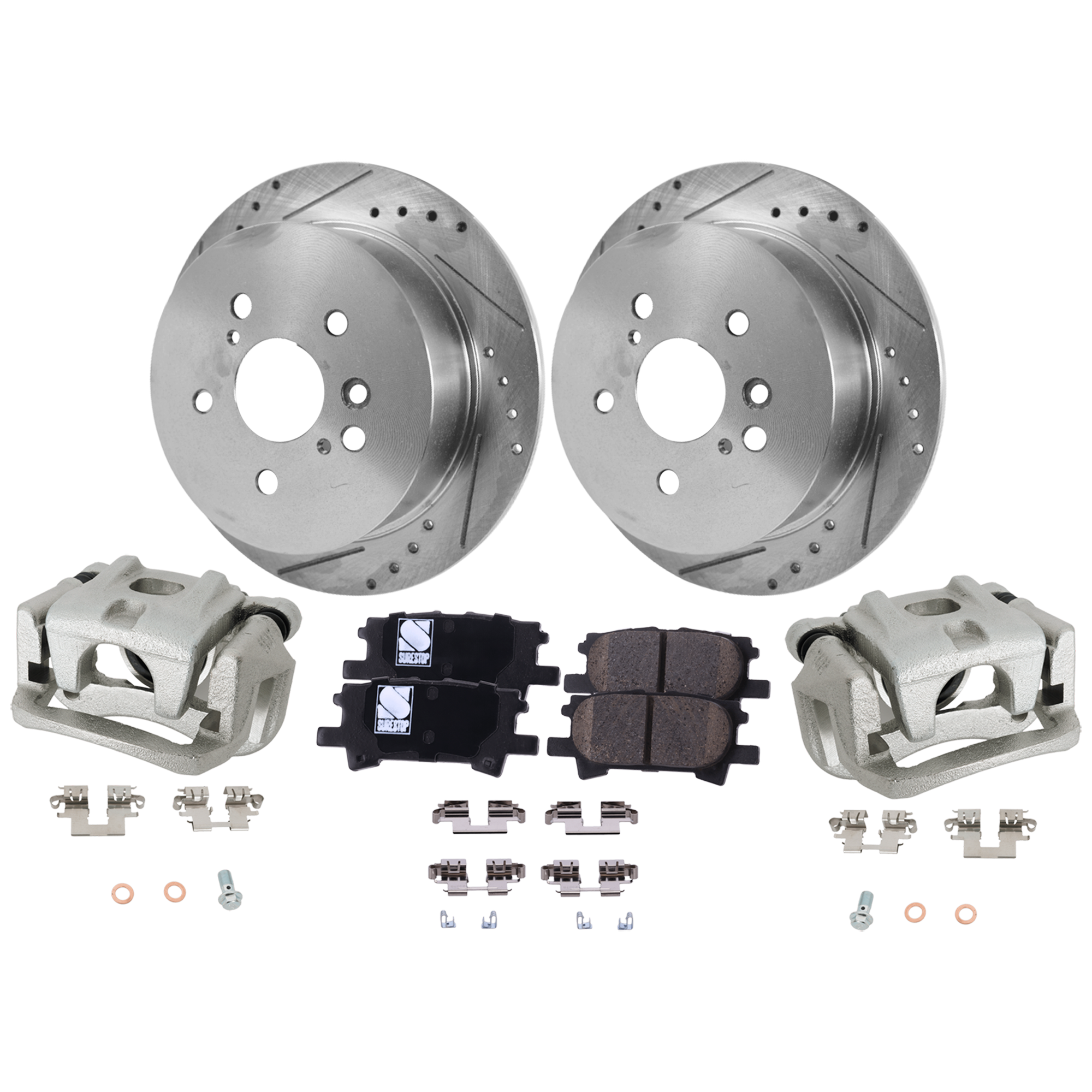 AM HIGHLANDER 04-07 REAR BRAKE KIT WITH CALIPERS 2 Wheel Set Includes 2 Brake Caliper 2 Brake Disc and 1 Brake Pad Set Cross drilled and Slotted 5 Lugs Cast Iron Ceramic SKU KIT 021225-34 OEM 4785048070-4783048070-31356-14