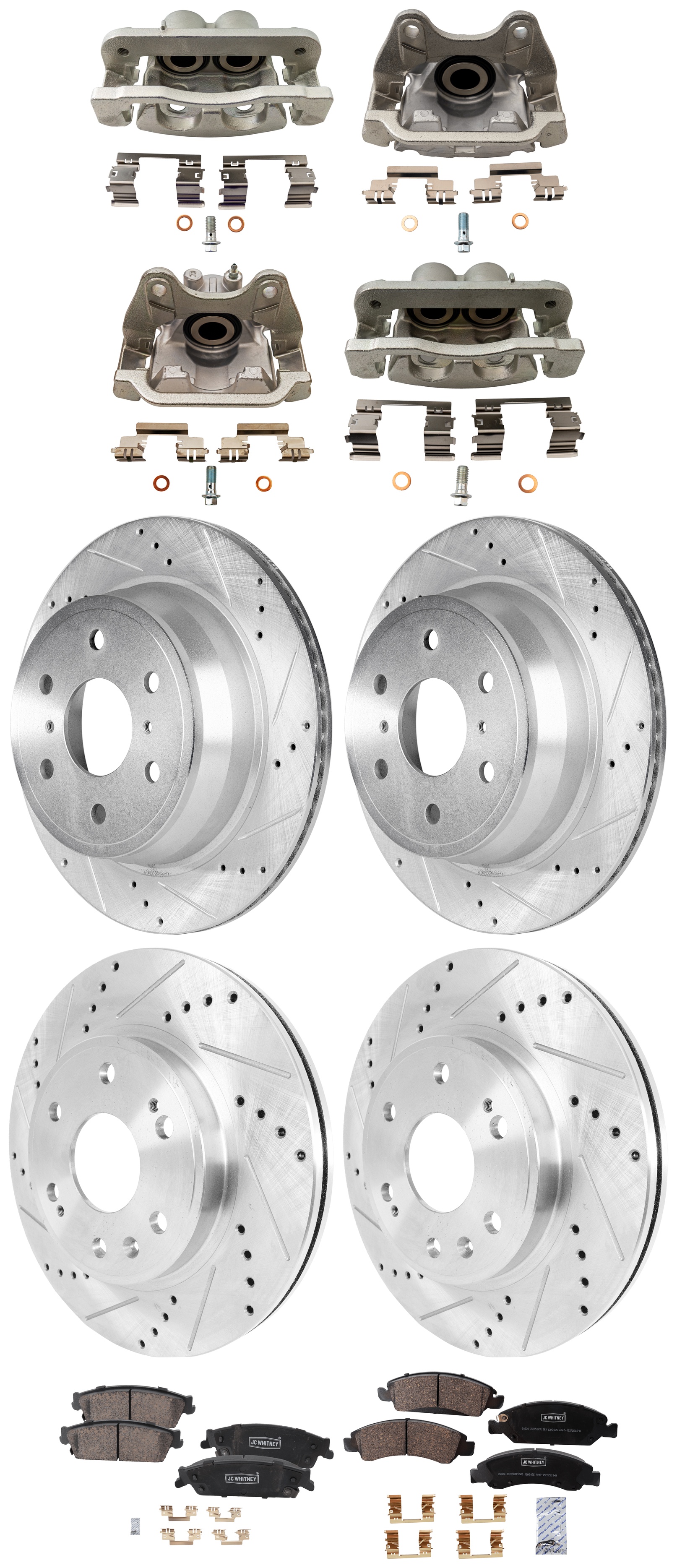 AM AVALANCHE 08-13 ESCALADE 08-14 FRONT AND REAR BRAKE KIT WITH CALIPERS 4 Wheel Set Includes 4 Brake Caliper 4 Brake Disc and 2 Brake Pad Set Cross drilled and Slotted 6 Lugs Ceramic SKU KIT 021225-40 OEM 90048053-580422FZN 581032FZN 4