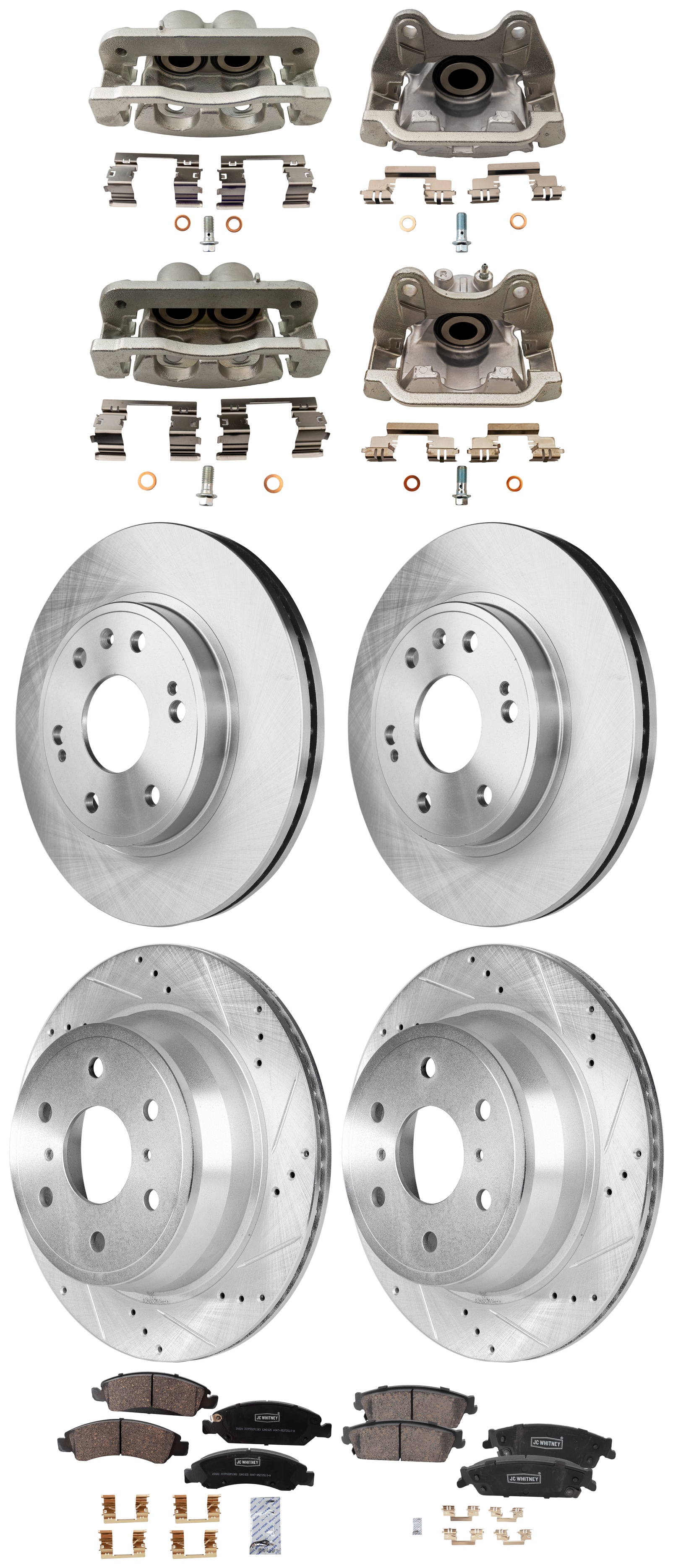 AM AVALANCHE 08-13 ESCALADE 08-14 FRONT AND REAR BRAKE KIT WITH CALIPERS 4 Wheel Set Includes 4 Brake Caliper 4 Brake Disc and 2 Brake Pad Set Front Plain Surface Rear Cross drilled and Slotte SKU KIT 021225-41 OEM 88963556-90048053-580422FZN 58