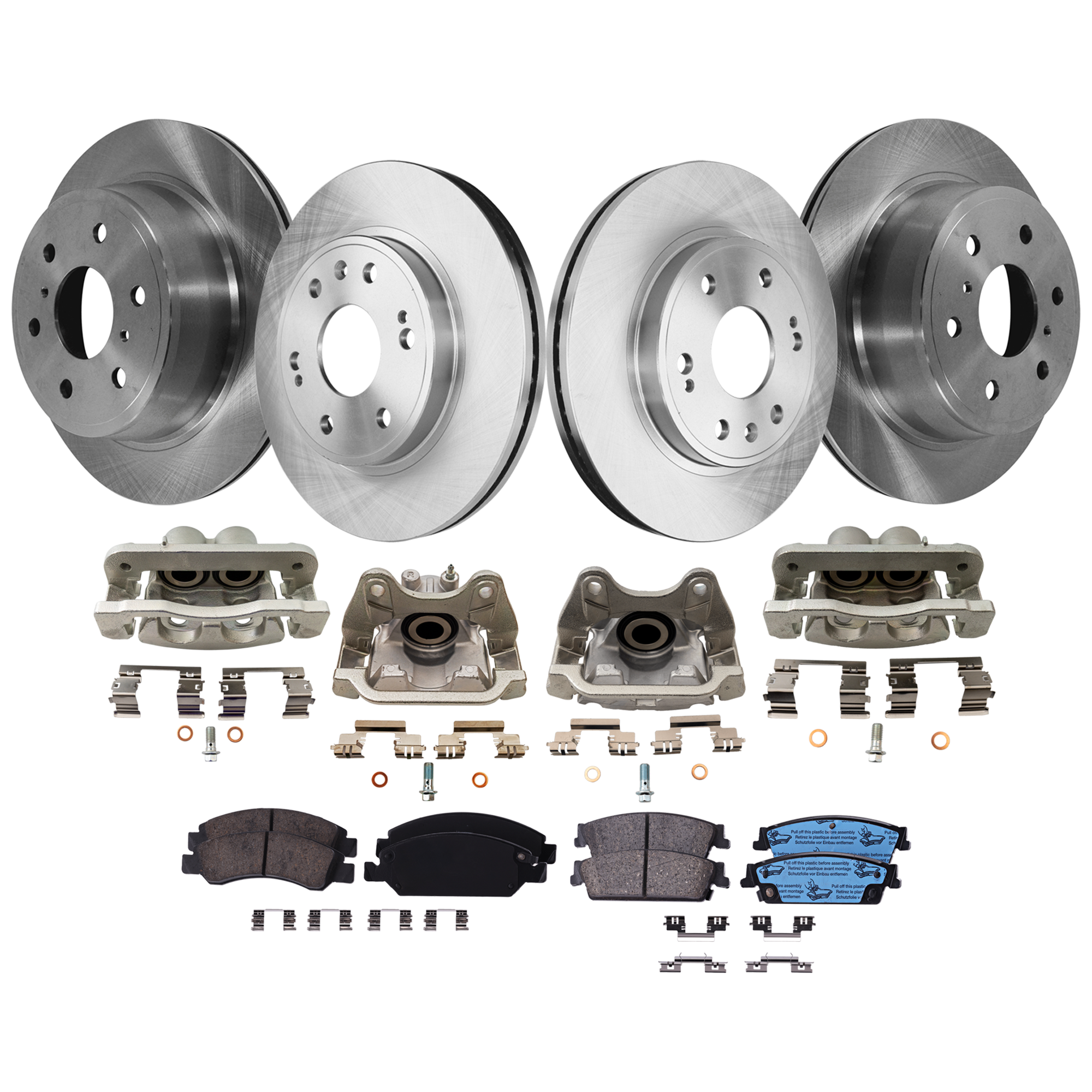 AM AVALANCHE 08-13 ESCALADE 08-14 FRONT AND REAR BRAKE KIT WITH CALIPERS 4 Wheel Set Includes 4 Brake Caliper 4 Brake Disc and 2 Brake Pad Set Plain Surface 6 Lugs Cast Iron Ceramic SKU KIT 021225-42 OEM 15792634-88963556-15792633-159