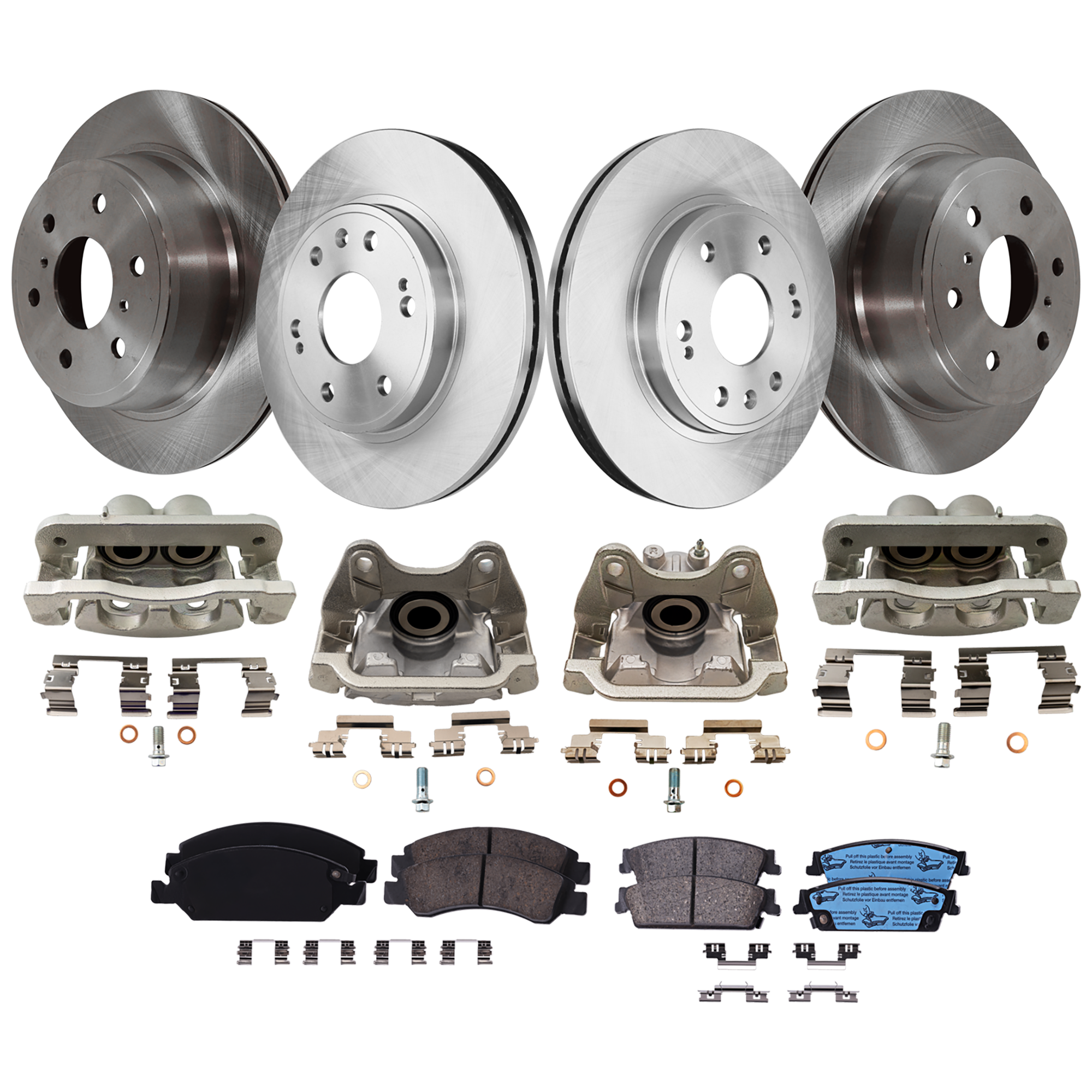 AM AVALANCHE 08-13 ESCALADE 08-14 FRONT AND REAR BRAKE KIT WITH CALIPERS 4 Wheel Set Includes 4 Brake Caliper 4 Brake Disc and 2 Brake Pad Set Plain Surface 6 Lugs Cast Iron Ceramic SKU KIT 021225-43 OEM 15792634-88963556-15792633-159