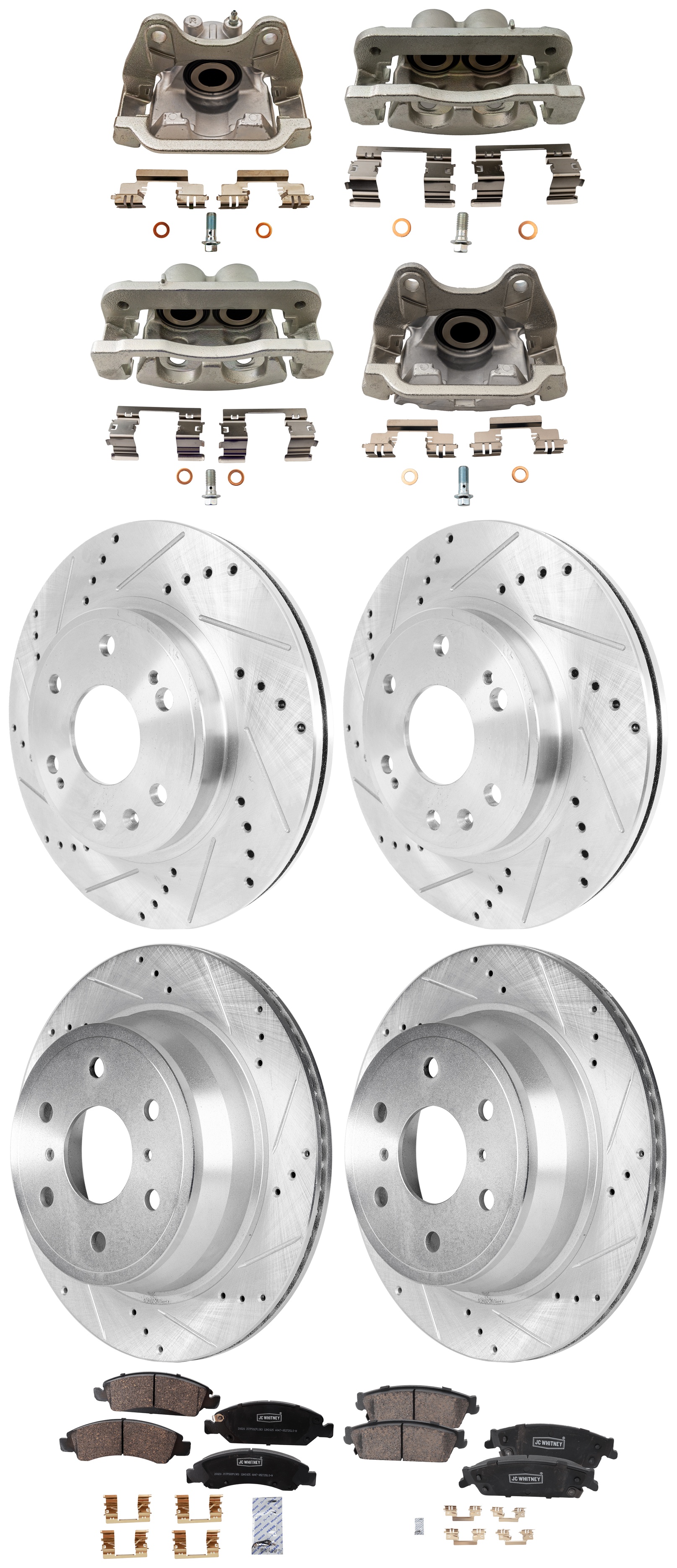 AM AVALANCHE 08-13 ESCALADE 08-14 FRONT AND REAR BRAKE KIT WITH CALIPERS 4 Wheel Set Includes 4 Brake Caliper 4 Brake Disc and 2 Brake Pad Set Cross drilled and Slotted 6 Lugs Ceramic SKU KIT 021225-44 OEM 90048053-580422FZN 581032FZN 4