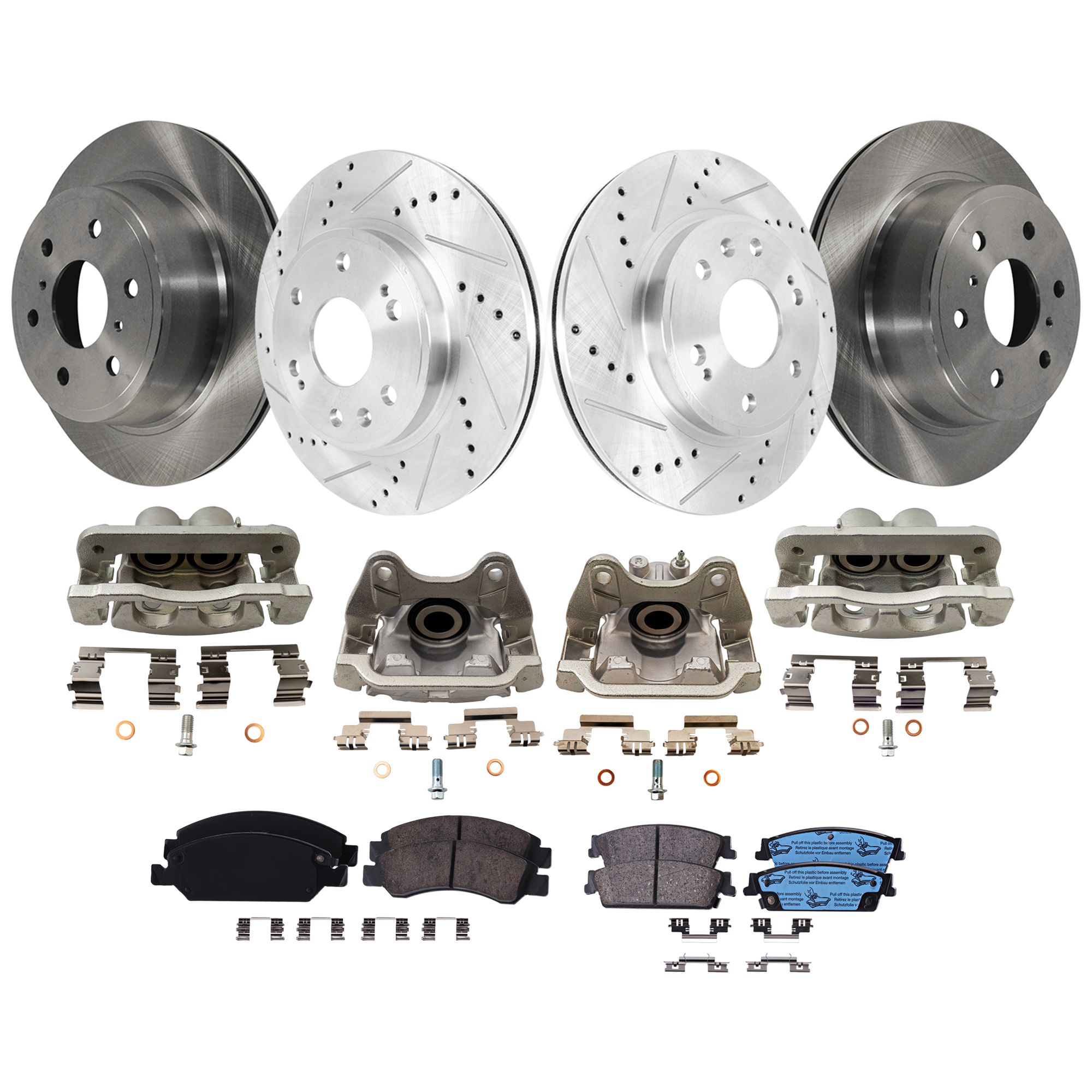 AM AVALANCHE 08-13 ESCALADE 08-14 FRONT AND REAR BRAKE KIT WITH CALIPERS 4 Wheel Set Includes 4 Brake Caliper 4 Brake Disc and 2 Brake Pad Set Front Cross drilled and Slotted Rear Plain Surfac SKU KIT 021225-45 OEM 15792634-41252-55097-55170-720