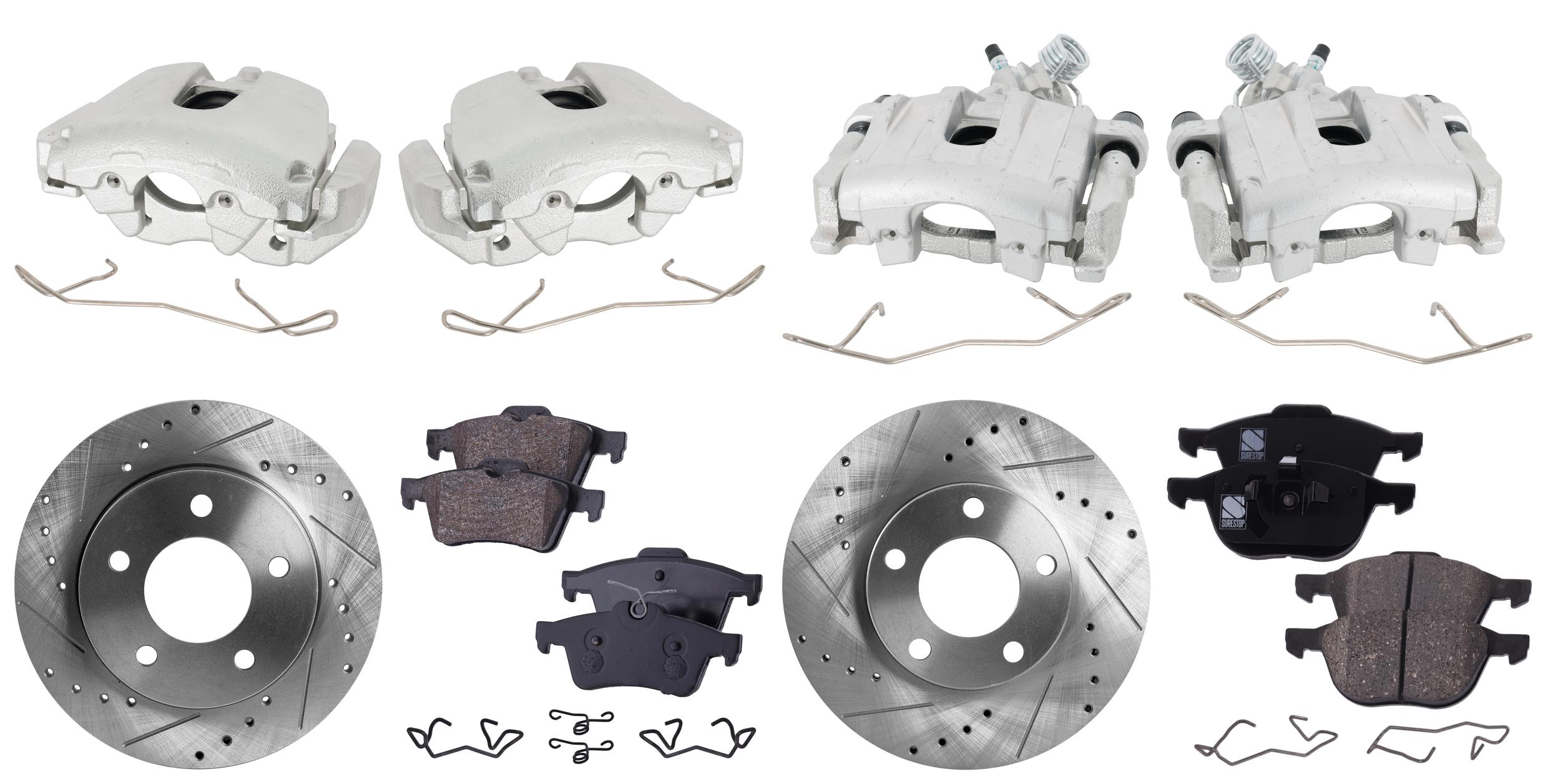 AM MAZDA 3-06-09 FRONT AND REAR BRAKE KIT WITH CALIPERS 4 Wheel Set Includes 4 Brake Caliper 4 Brake Disc and 2 Brake Pad Set Cross drilled and Slotted 5 Lugs Cast Iron Front Ceramic Rear O SKU KIT 021225-79 OEM 31373-48880295-60080041-31373G