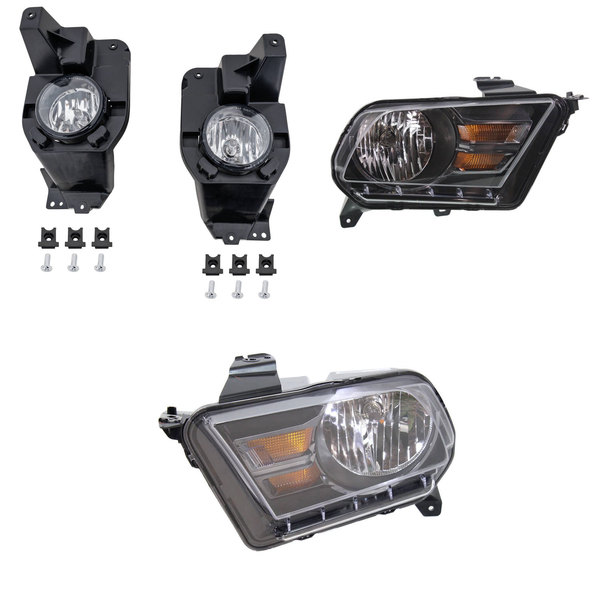 AM MUSTANG 10-14 HEAD LAMP RH AND LH Assembly Halogen 4 pc Kit w Fog Light SKU KIT 021226-13 OEM AR3Z13008C AR3Z13008D 4F9Z1520