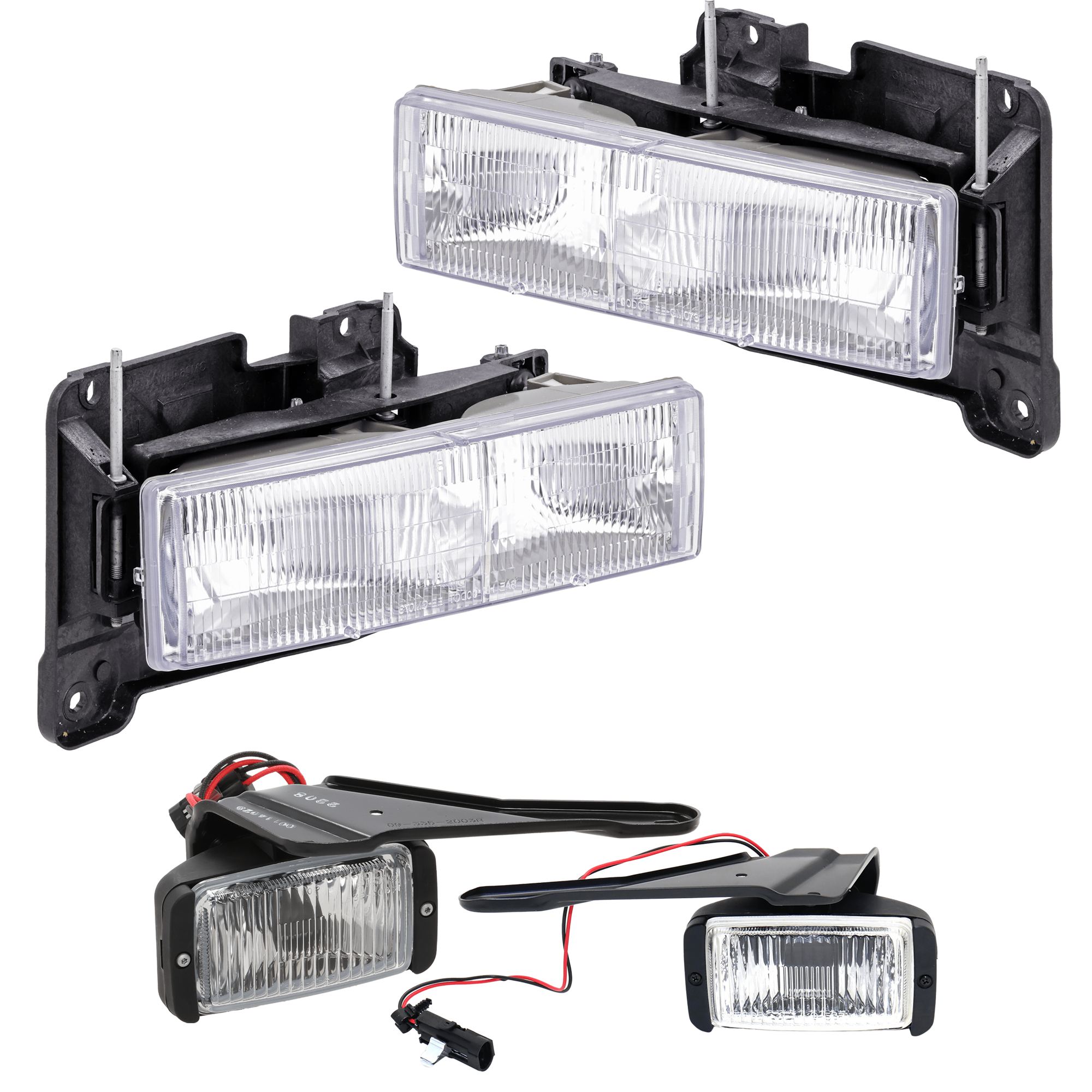 AM C K FULL SIZE PICKUP 88-97 HEAD LAMP RH AND LH 4 pc Kit Assembly Halogen w Fog Light SKU KIT 021226-40 Partslink GM2502101 GM2503101 GM2592106 GM2593106 OEM 15034929-15034930-16524927-165