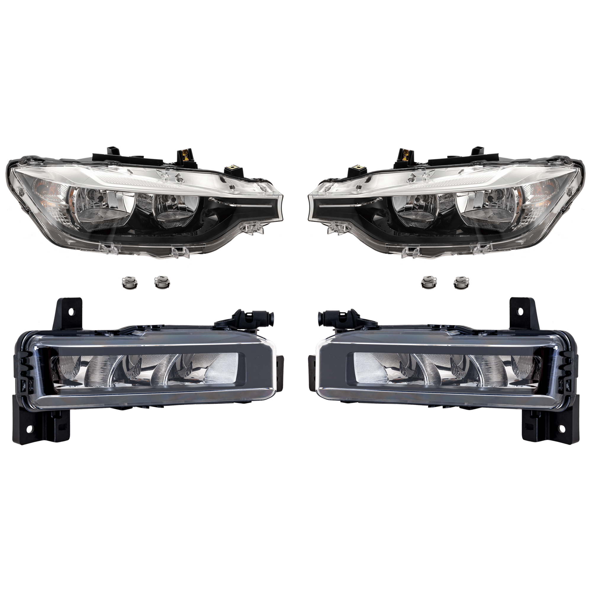 AM 330I XDRIVE 18-19 HEAD LAMP RH AND LH Assembly Halogen 4 pc Kit w Fog Light SKU KIT 021226-49 Partslink BM2592158 BM2593158 OEM 63117365599 PFM 63117365600 PF