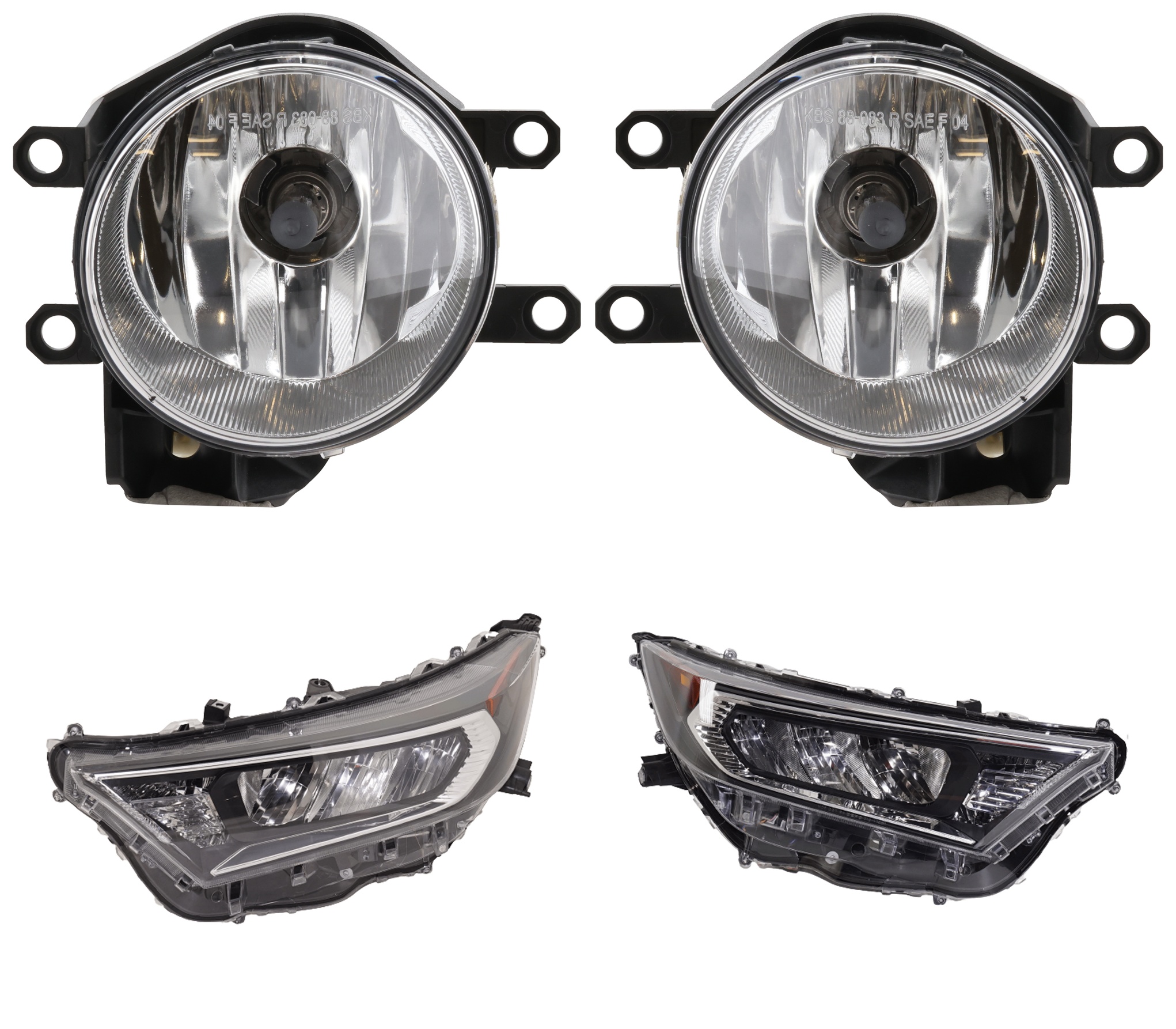 AM RAV4-19-21 HEAD LAMP RH AND LH Lens and Housing Halogen 4 pc Kit w Fog Light CAPA SKU KIT 021226-75 Partslink TO2518201C TO2519201C TO2592129C TO2593129C OEM 8113042812-8113042811-81170428