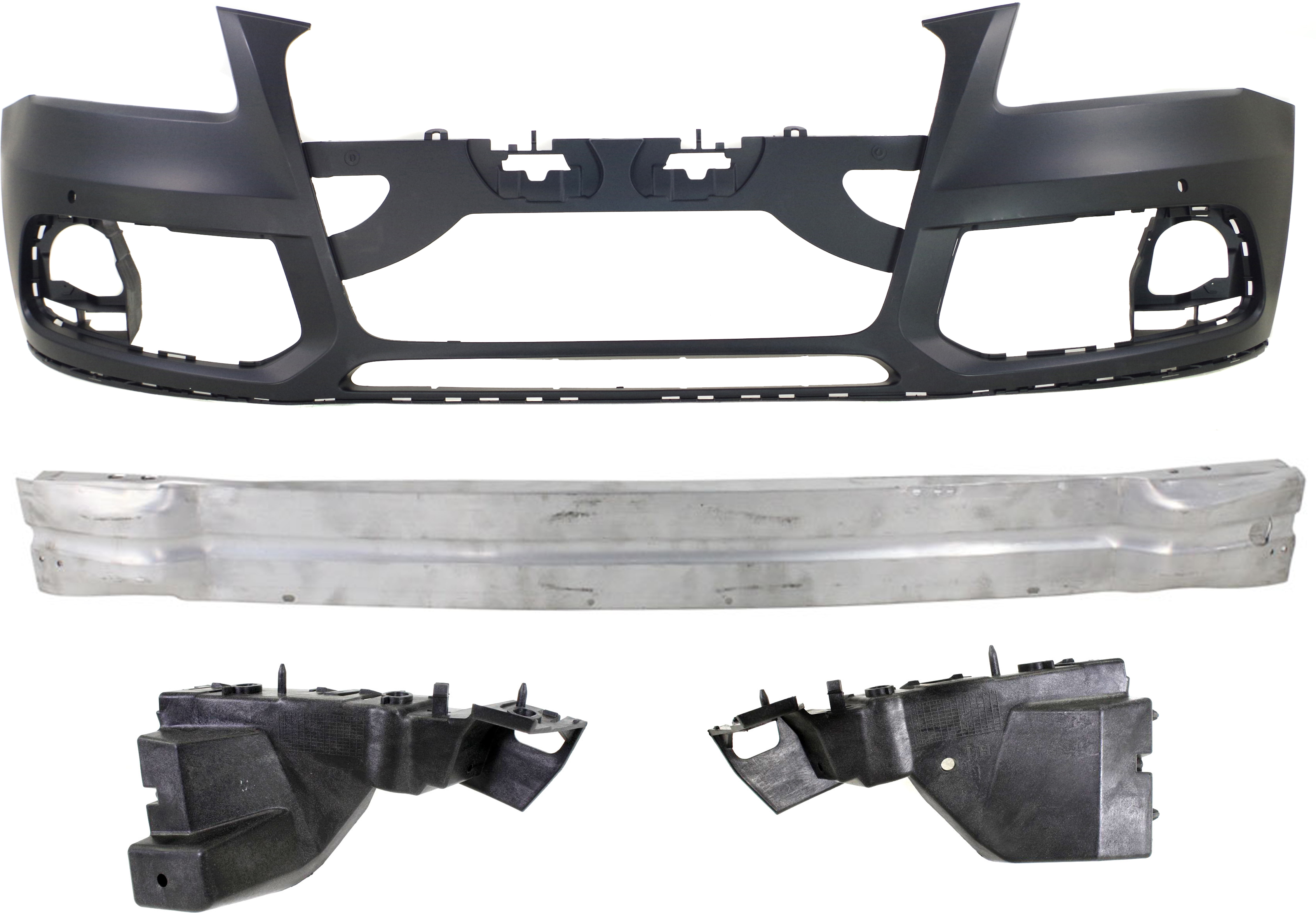 AM Q5-13-17 FRONT BUMPER COVER 4 pc Kit with Bumper Brackets and Bumper Reinforcement SKU KIT 021417-28 Partslink AU1000198 AU1042100 AU1043100 AU1006122 OEM 8R0807065BGRU 8R0807283C 8R080