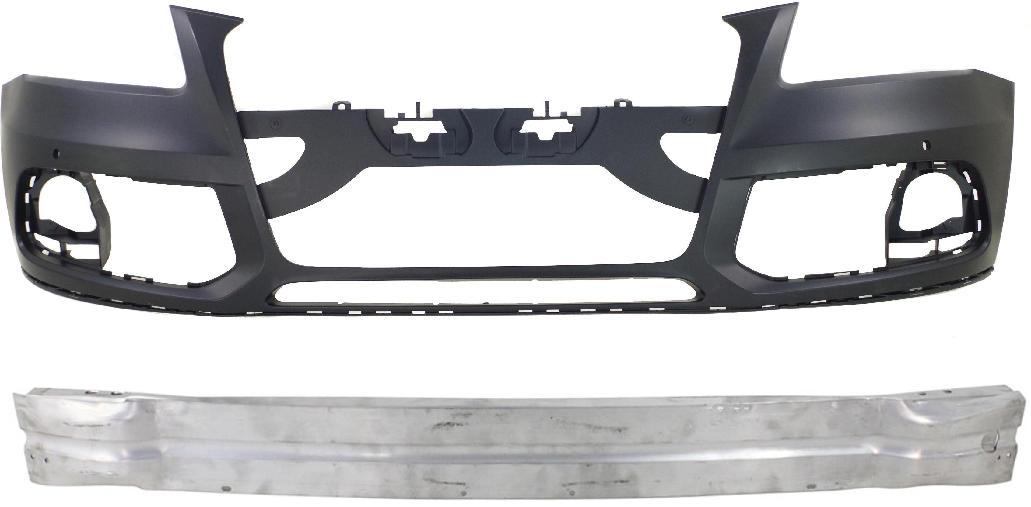 AM Q5-13-17 FRONT BUMPER COVER Primed 2 pc Kit with Bumper Reinforcement SKU KIT 021417-30 Partslink AU1000198 AU1006122 OEM 8R0807065BGRU 8R0807113C
