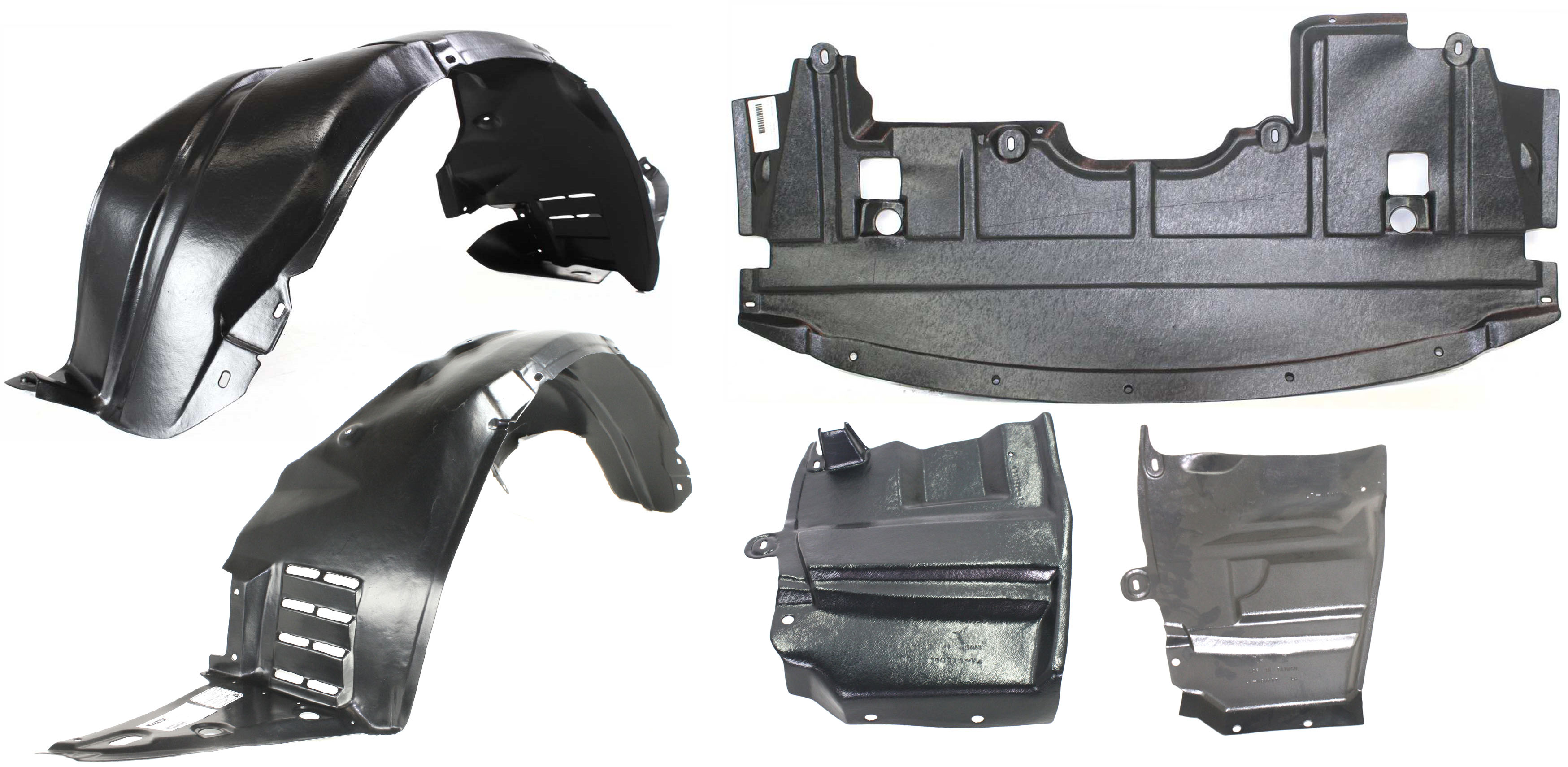 AM ALTIMA 07-10 FRONT FENDER LINER RH AND LH 5 pc Kit with Engine Splash Shields SKU KIT 021419-02 Partslink NI1250135 NI1251135 NI1250139 NI1251139 NI1228128 OEM 63840ZX00A 63841ZX00A 64839JA0