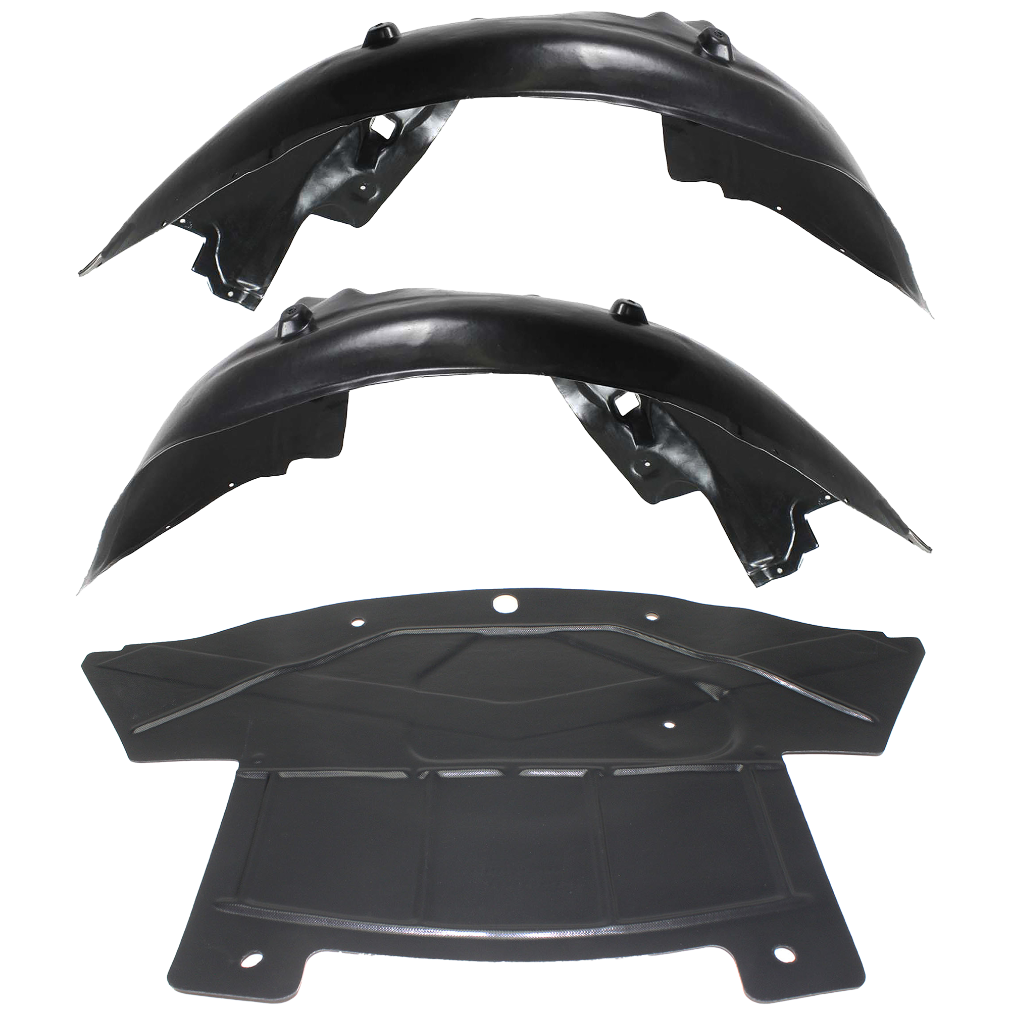AM CHRYSLER 300-05-10 FRONT FENDER LINER RH AND LH 3 pc Kit with Engine Splash Shield SKU KIT 021419-05 Partslink CH1250128 CH1251128 CH1228103 OEM 5065502AC 5065502AD 5065503AC