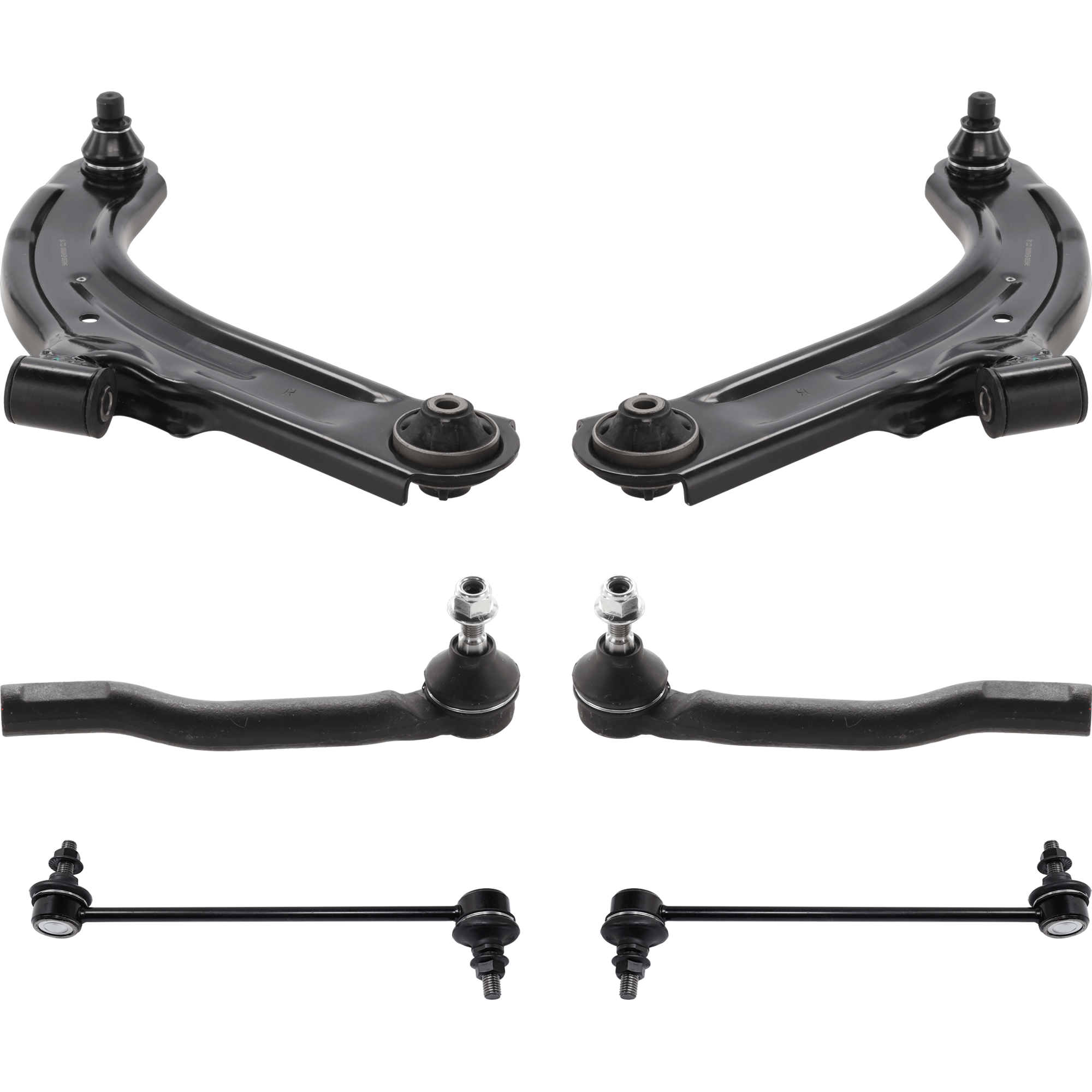 AM VERSA 07-12 CUBE 09-14 FRONT CONTROL ARM KIT RH AND LH Lower 6 pc kit with Sway Bar Links and Tie Rod End SKU KIT 021517-17 Partslink NI4520103 NI4521103 OEM 545011FU0A 545011FU0B 54501EW0