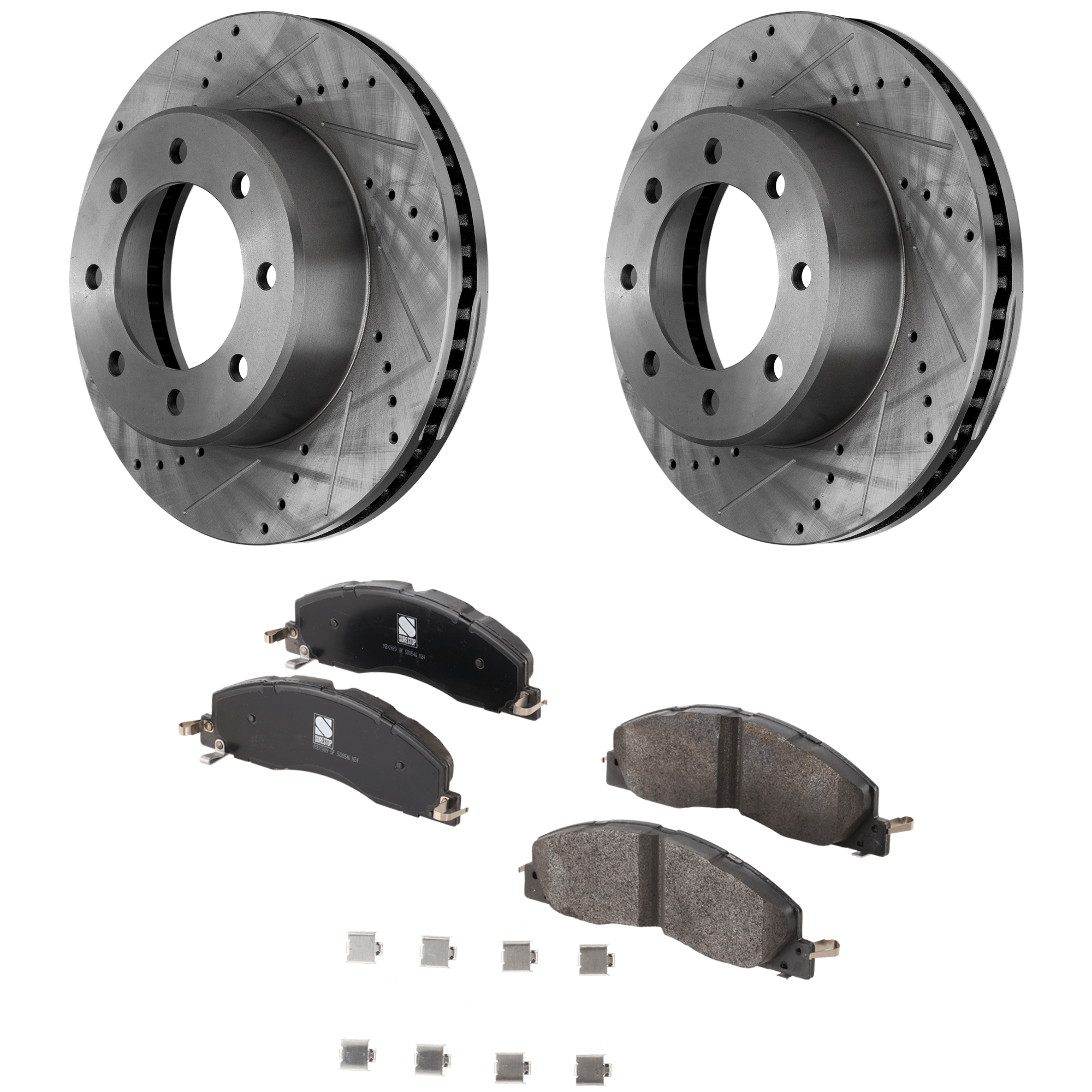AM RAM 2500-3500 P U 09-18 FRONT BRAKE DISC AND PAD KIT 4 pc kit Cross drilled and Slotted SKU KIT 021622-001 OEM 43168-53057-850123-900658-6004