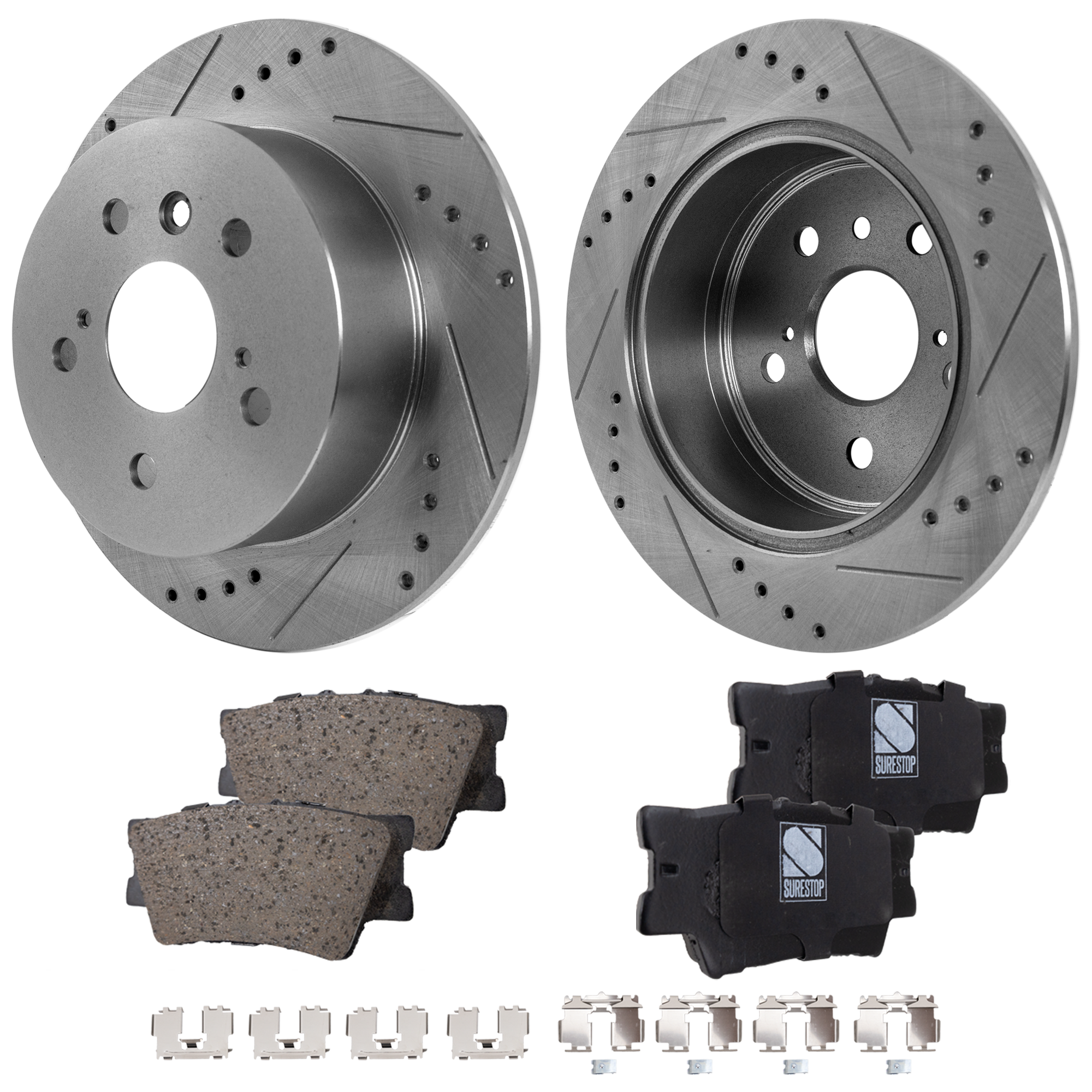 AM CAMRY 12-17 REAR BRAKE DISC AND PAD KIT 4 pc Kit Cross drilled and Slotted SKU KIT 021623-26 OEM 0446602220-0446606060-04466060