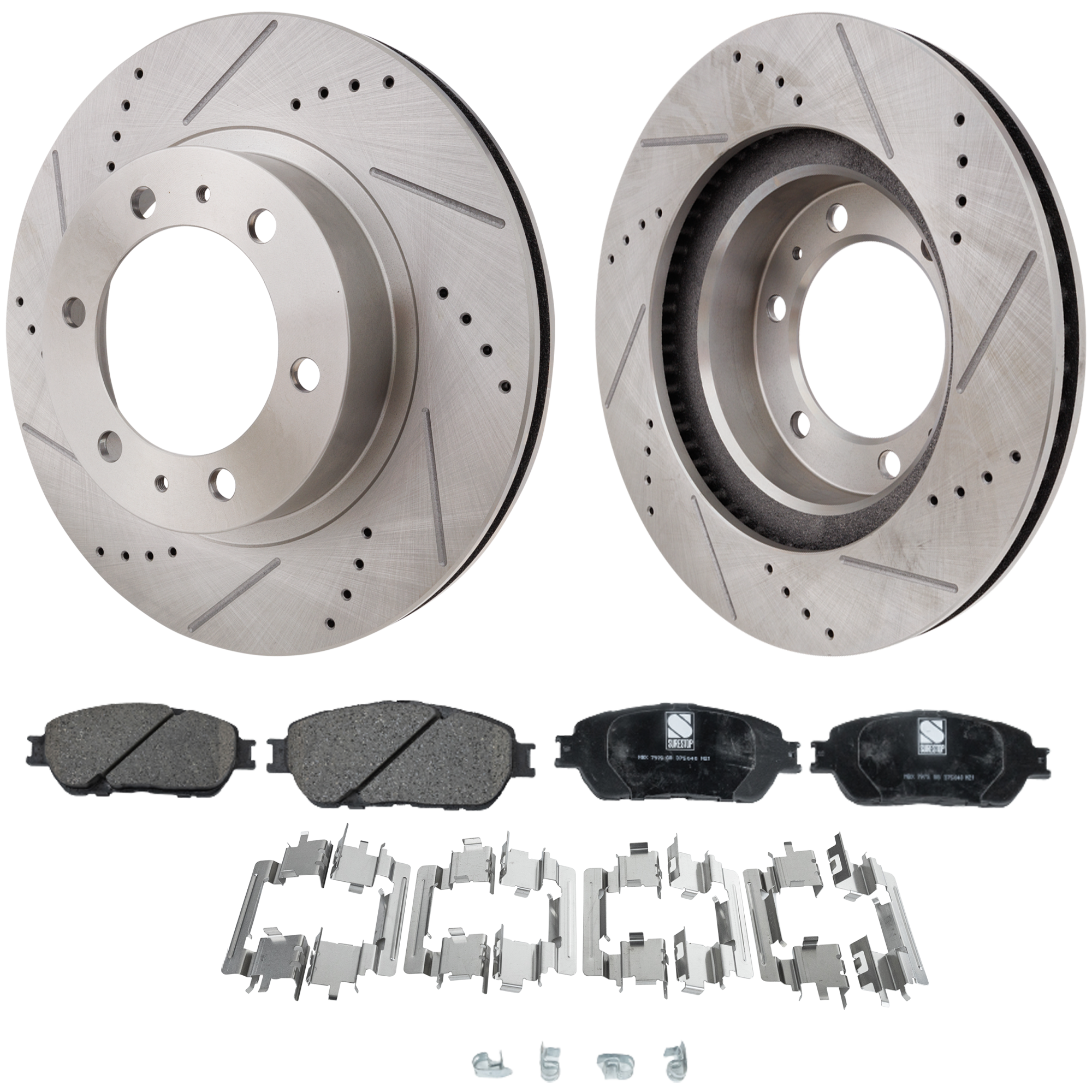 AM TACOMA 05-15 FRONT BRAKE DISC AND PAD KIT 4 pc Kit Cross drilled and Slotted Base X Runner Models Rear Wheel Drive SKU KIT 021623-28 OEM 31327-31520-44623-145458-08329