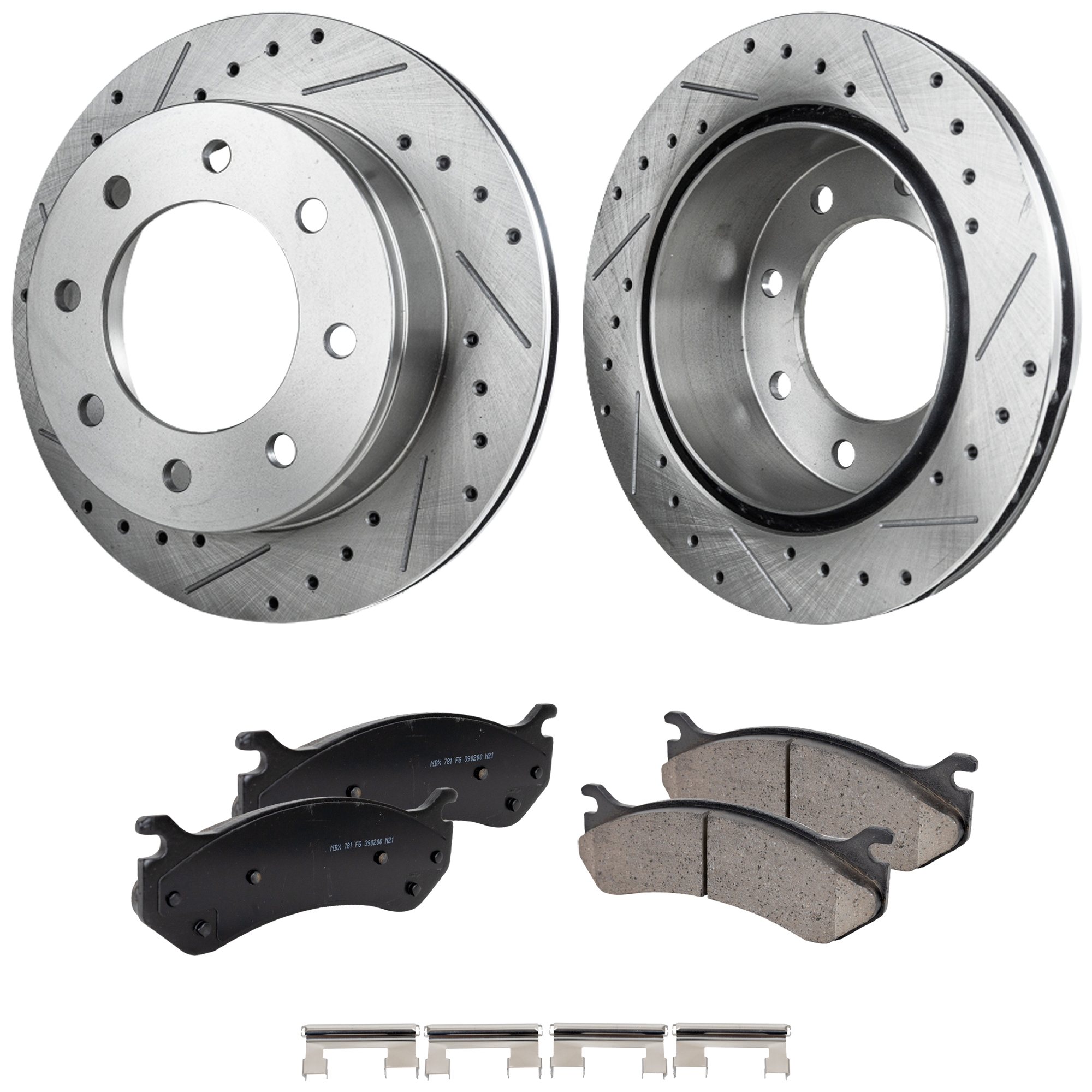 AM SILVERADO SIERRA 99-07 H2-03-09 REAR BRAKE DISC AND PAD KIT 4 pc Kit Cross drilled and Slotted SKU KIT 021623-29 OEM 19326-41243-55057-55120-56830