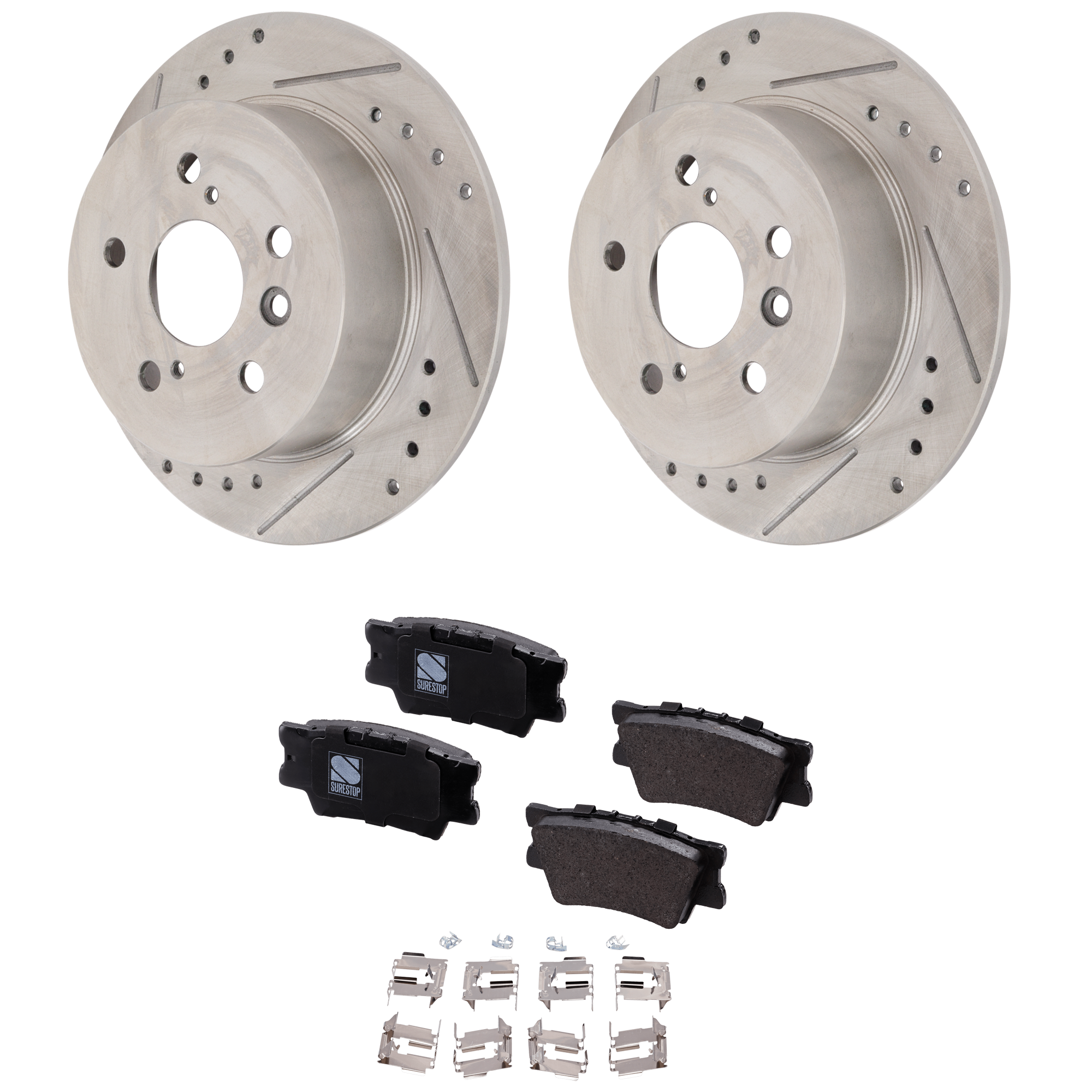 AM ES350-07-12 REAR BRAKE DISC AND PAD KIT 4 pc kit Cross drilled and Slotted SKU KIT 021623-31 OEM 31433-44581-60389-145712-08331