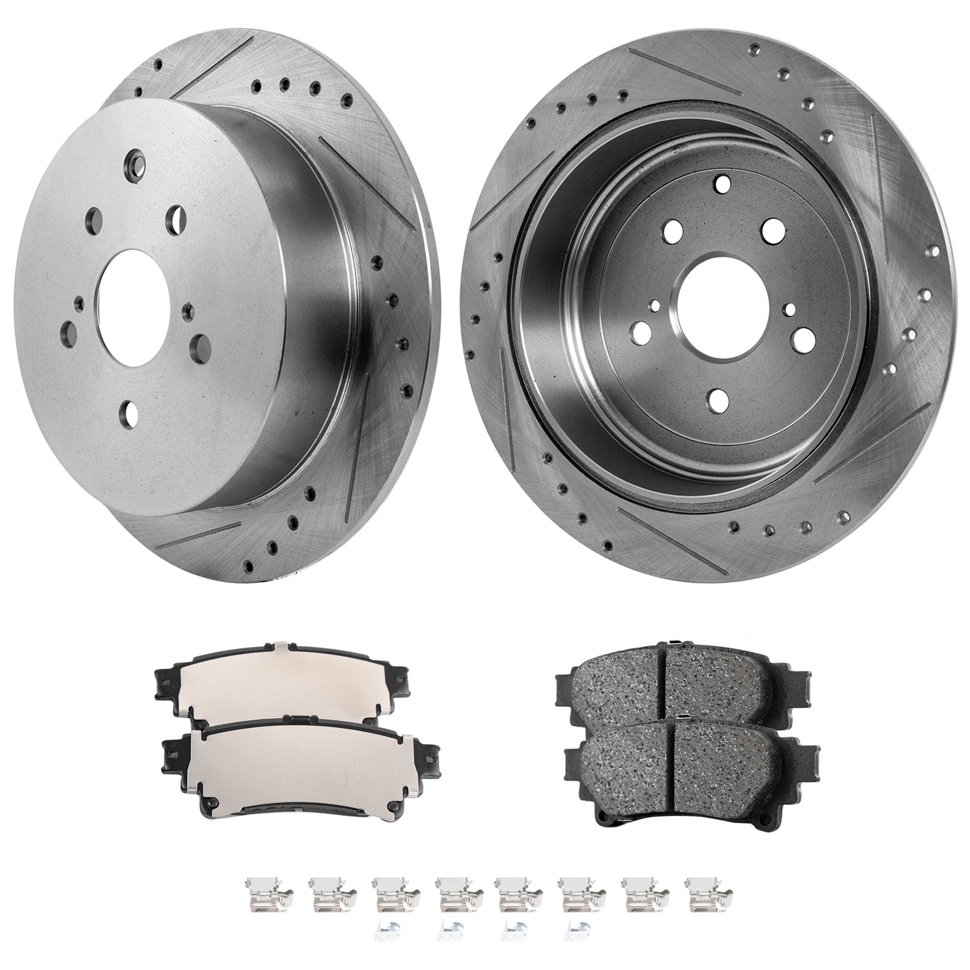AM HIGHLANDER 14-19 SIENNA 11-20 REAR BRAKE DISC AND PAD KIT 4 pc Kit Cross drilled and Slotted SKU KIT 021623-33 OEM 31544-44691-0833498-850191-600