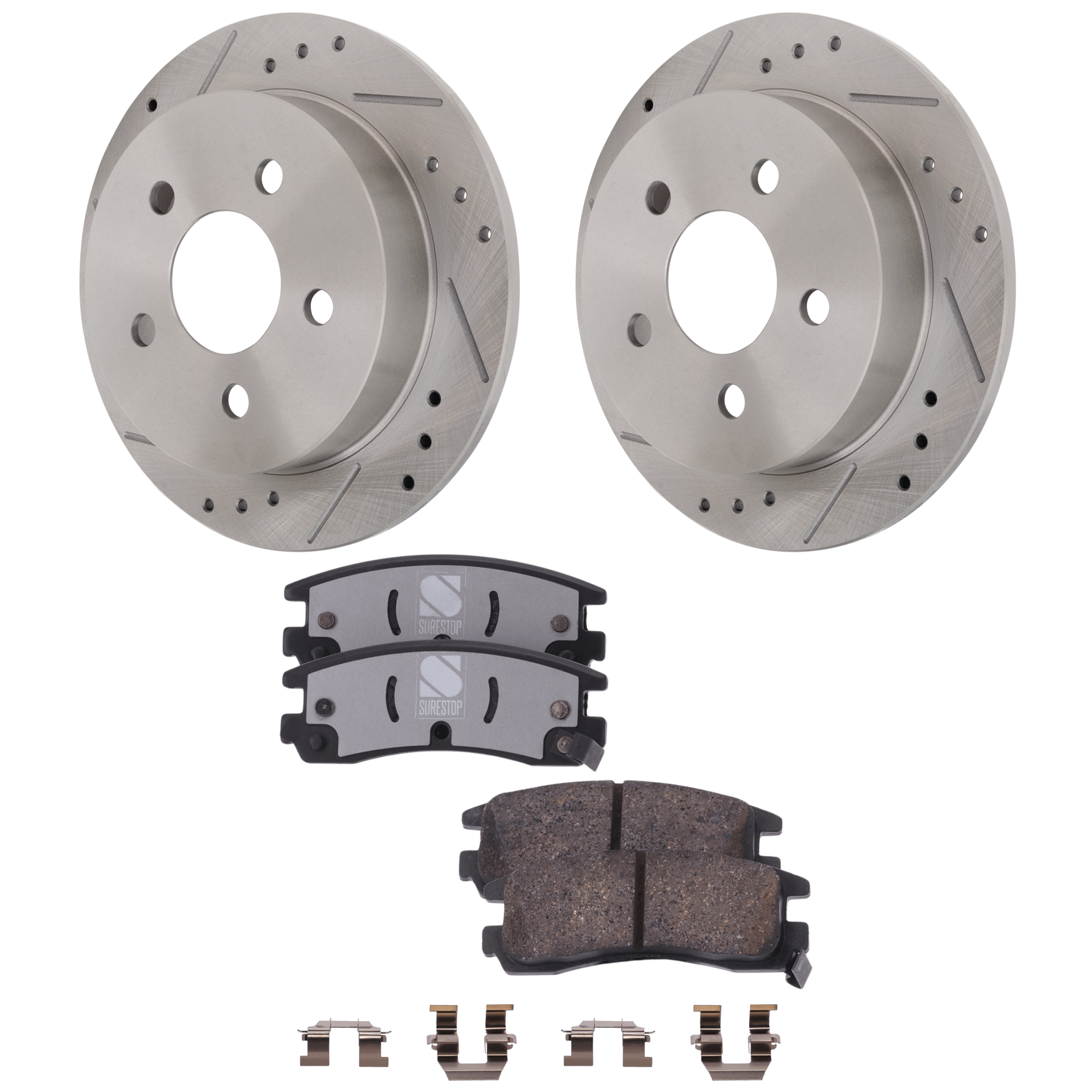 AM REGAL 97-04 GRAND AM 99-05 REAR BRAKE DISC AND PAD KIT 4 pc kit Cross drilled and Slotted SKU KIT 021623-34 OEM 19854-55039-56629-65920-101706