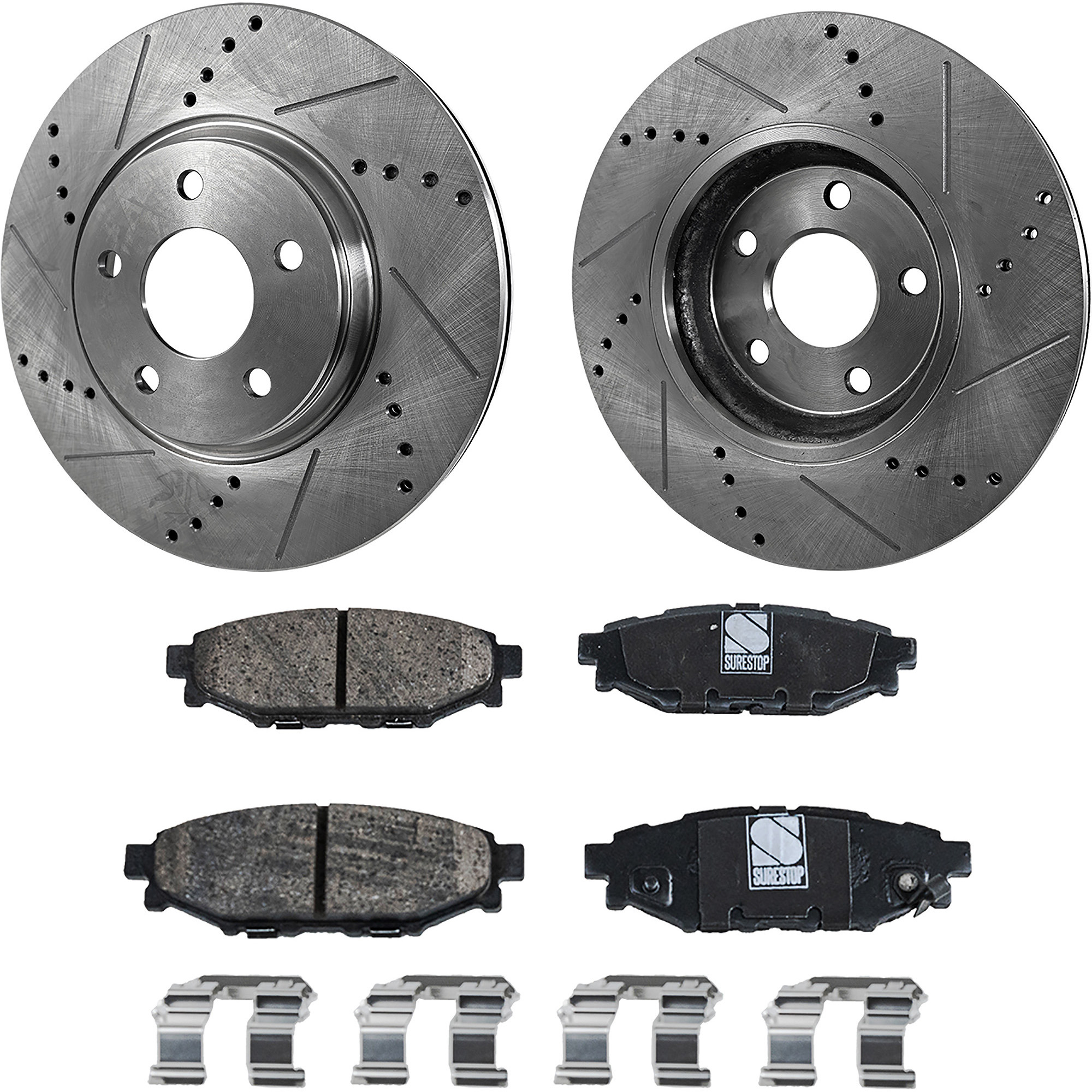 AM IMPREZA 12-17 FORESTER 14-15 REAR BRAKE DISC AND PAD KIT 4 pc kit Cross drilled and Slotted SKU KIT 021623-35 OEM 44750-850324-980962-60013025-4