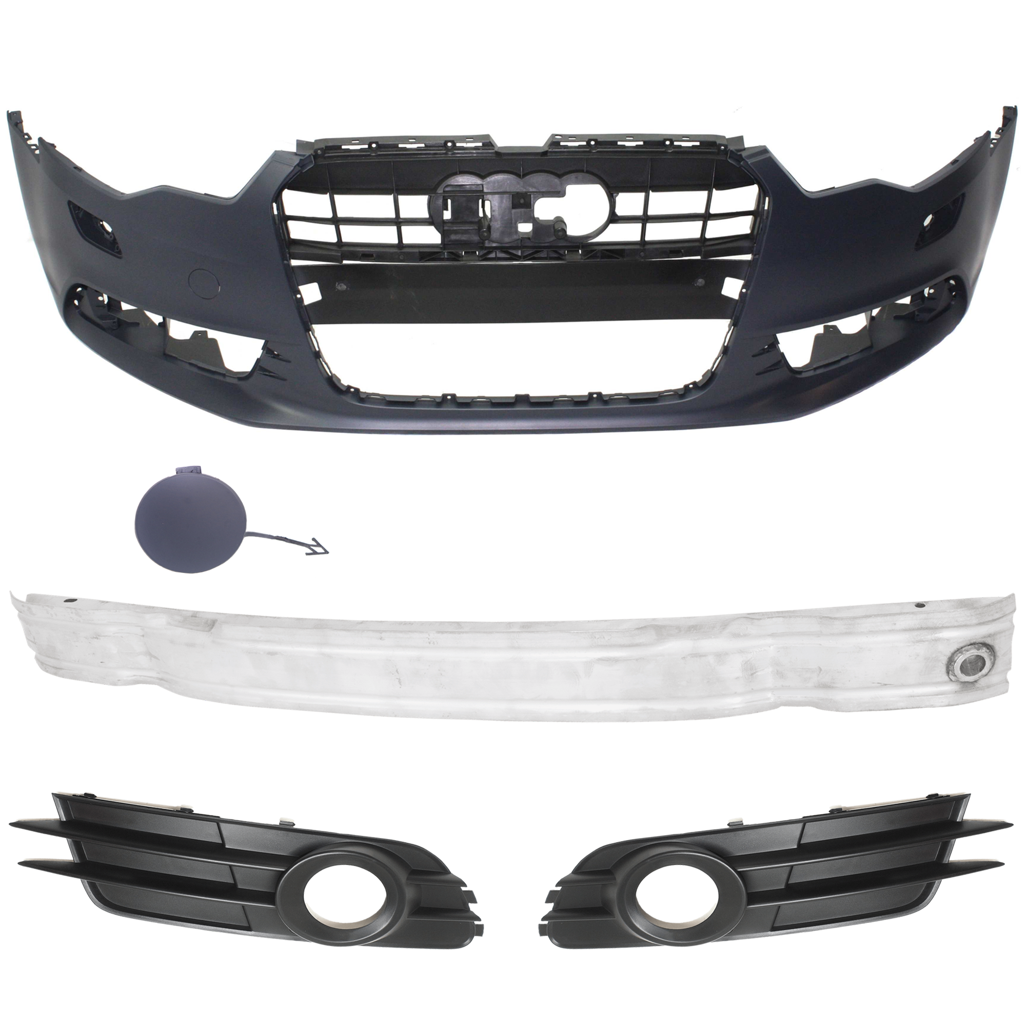 AM A6 A6 QUATTRO 12-15 FRONT REINFORCEMENT 5 pc kit with Bumper Cover Tow Eye Cover and Fog Light Trims SKU KIT 021717-28 Partslink AU1006127 AU1000207 AU1039148 AU1038148 OEM 4G0807113A 4G0807065GRU 4G0807
