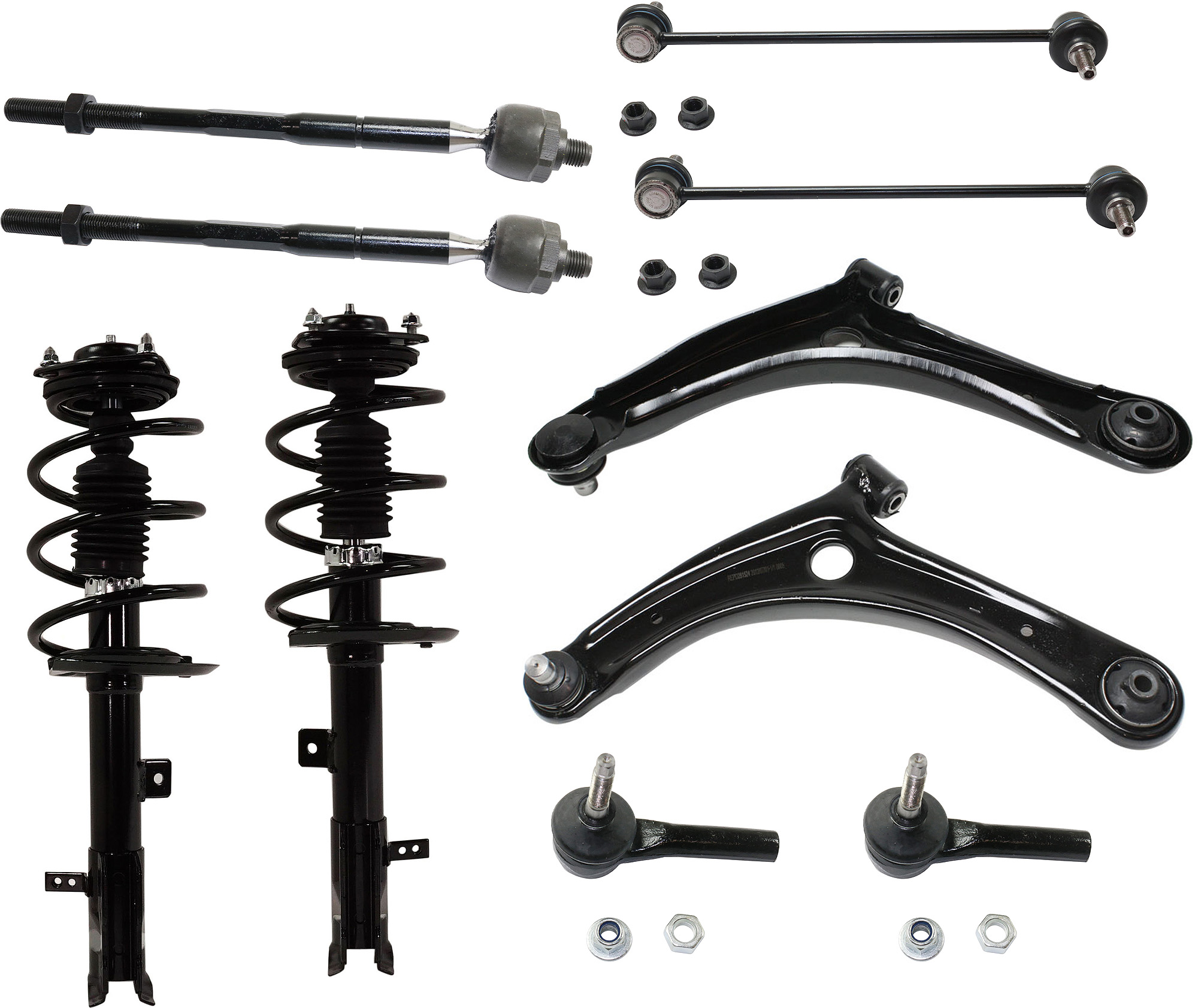AM CALIBER 07-12 FRONT SUSPENSION KIT RH AND LH 10 pc Kit with Control Arms Loaded Struts Sway Bar Links and Tie Rod Ends SKU KIT 021722-02 Partslink CH4510100 CH4511100 OEM 5105041AI 5105040AI 5174185AC