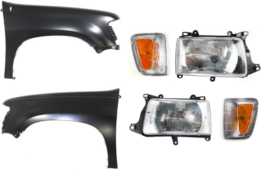 AM T100-93-98 HEAD LAMP RH AND LH Assembly Halogen 6 pc Kit with Corner Lights and Fenders SKU KIT 021816-10 Partslink TO2503119 TO2502119 TO2520140 TO2521140 TO1240148 TO1241149 OEM 8111034010-8115034010-81620340