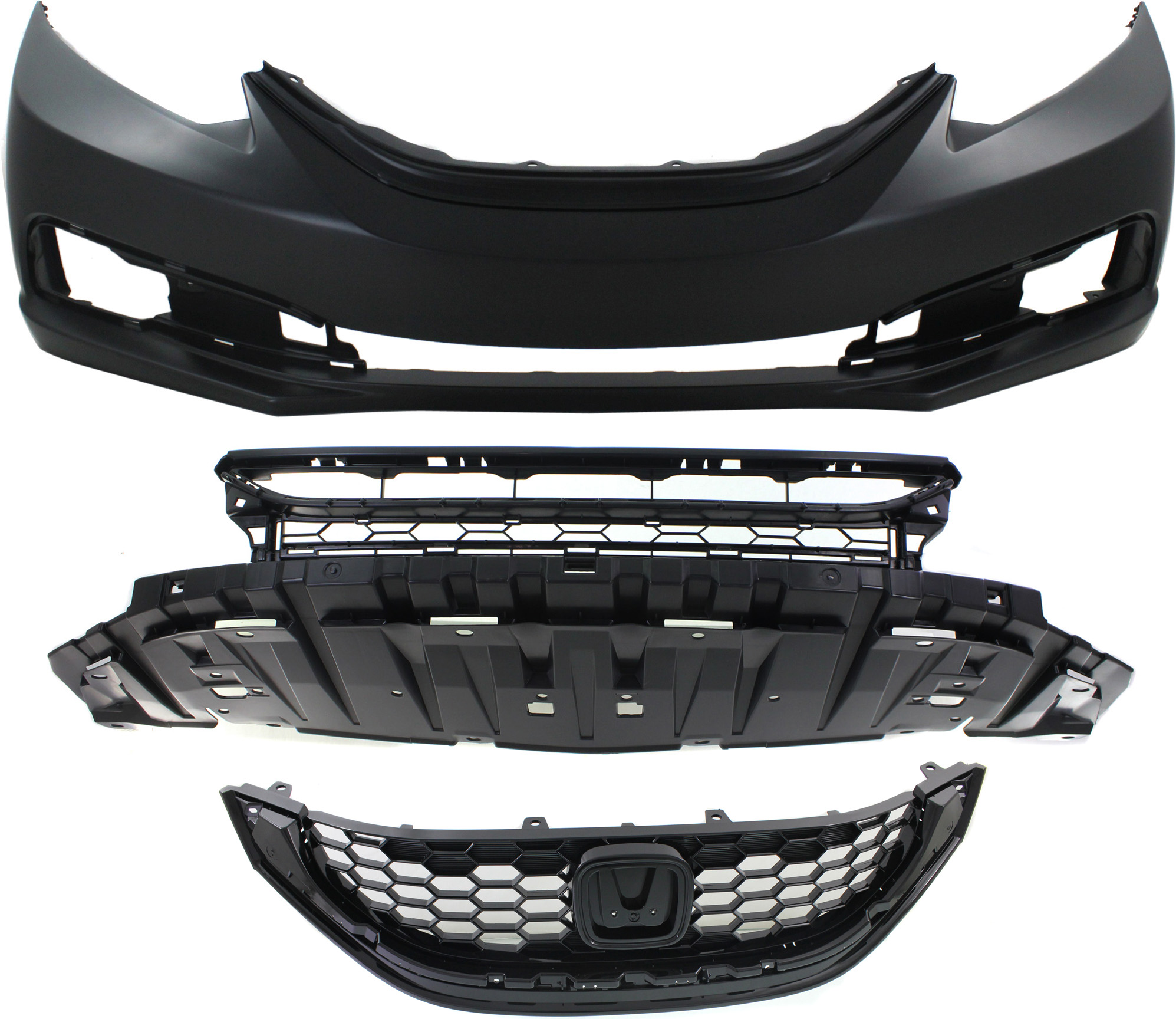 AM CIVIC 13-15 FRONT BUMPER COVER 3 pc Kit Primed w Fog Light Holes w o parking aid sensor holes with Bumper Grille and Grille SKU KIT 021818-02 Partslink HO1000290 HO1036116 HO1200218 OEM 04711TR3A50ZZ 71105TR7A51-7112