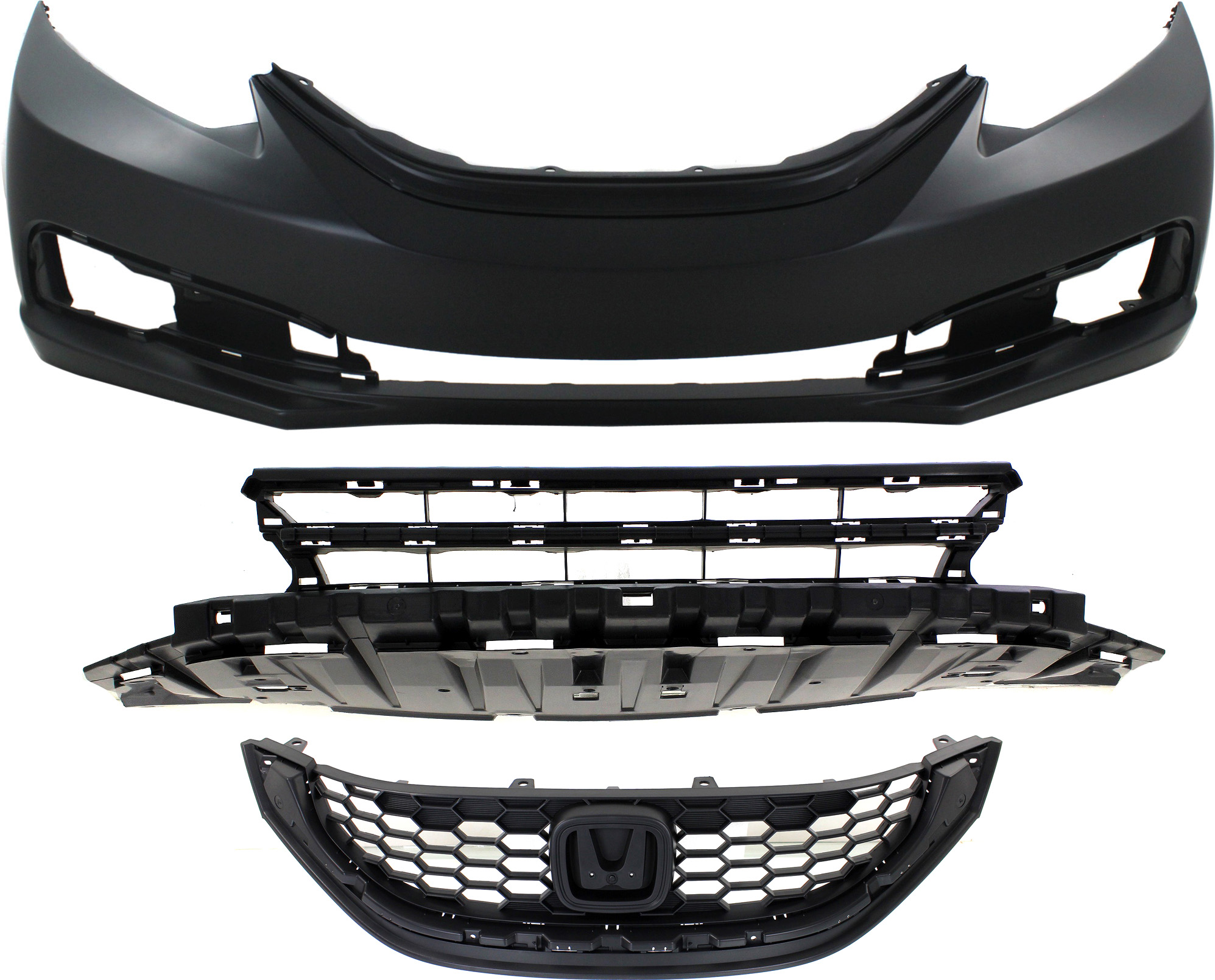 AM CIVIC 13-15 FRONT BUMPER COVER 3 pc Kit with Bumper Grille and Grille SKU KIT 021818-03 Partslink HO1000290 HO1036113 HO1200216 OEM 04711TR3A50ZZ 71105TR3A51-7112