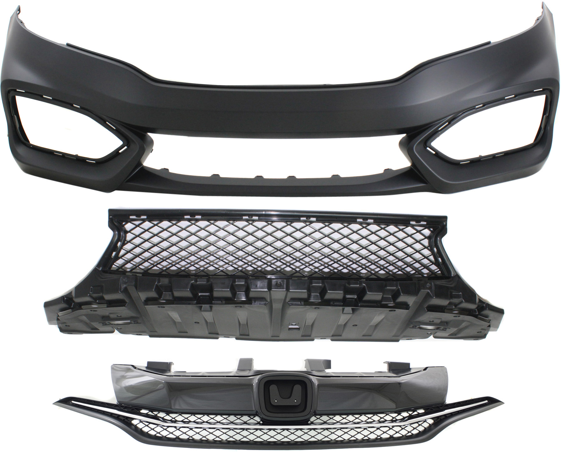AM CIVIC 14-15 GRILLE 3 pc Kit 2 Door Coupe with Bumper Cover and Bumper Grille SKU KIT 021818-04 Partslink HO1200221 HO1000296 HO1036120 OEM 71120TS8A51-71101TS8A50ZZ 7110