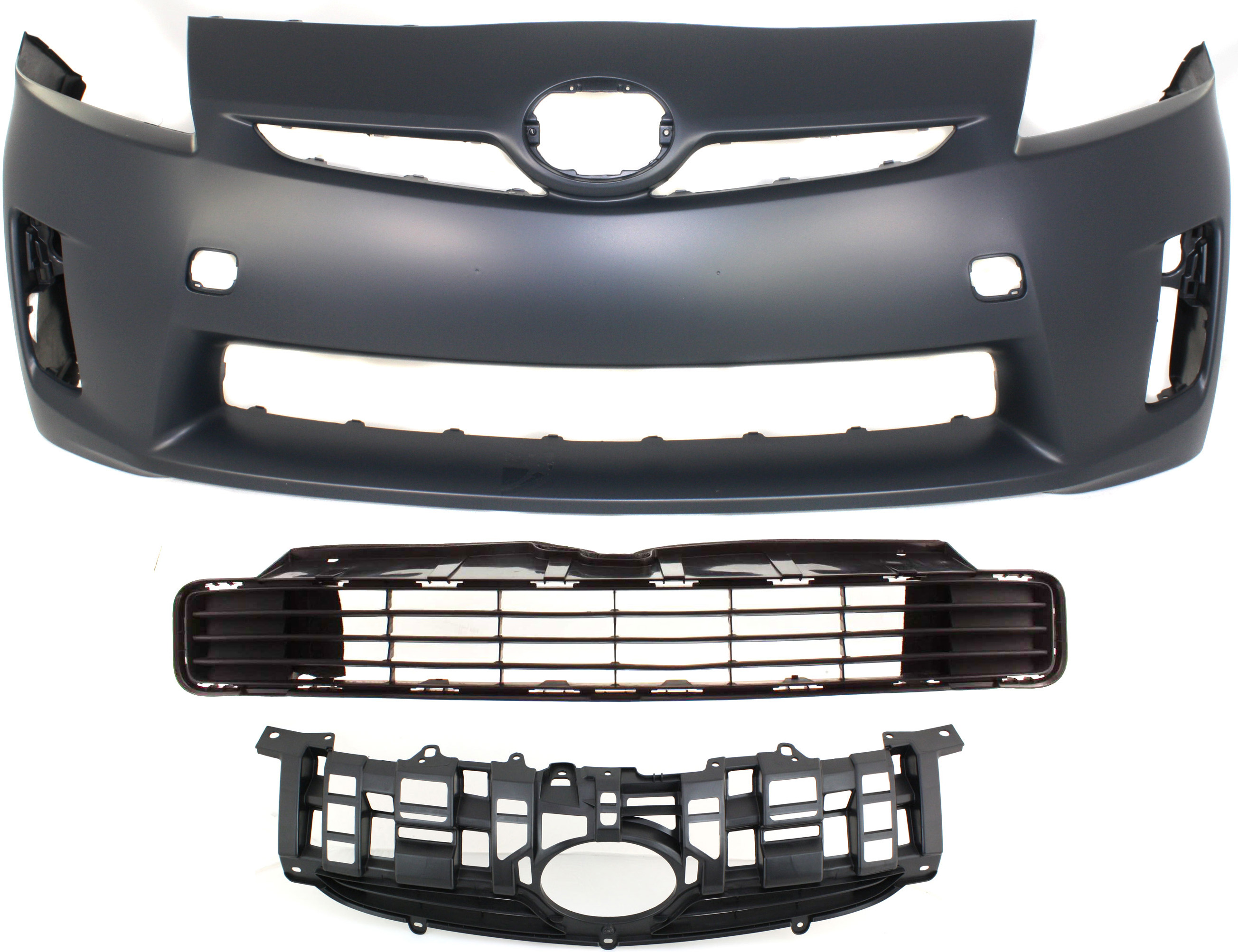 AM PRIUS 10-11 FRONT BUMPER COVER Primed w Fog Light Holes 3 pc Kit with Bumper Grille and Grille SKU KIT 021818-101 Partslink TO1000359 TO1036122 TO1200318 OEM 5211947917-5311247040-53111470
