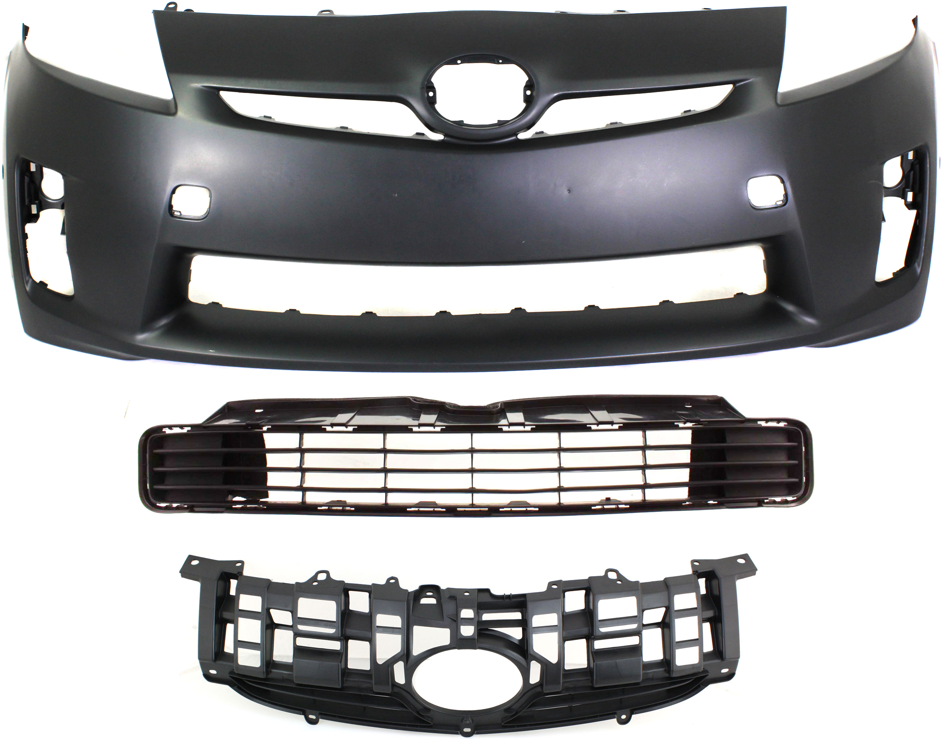 AM PRIUS 10-11 FRONT BUMPER COVER 3 pc Kit Primed w Fog Light Holes w parking aid sensor holes with Bumper Grille and Grille SKU KIT 021818-102 Partslink TO1000376 TO1036122 TO1200318 OEM 5211947918-5311247040-53111470