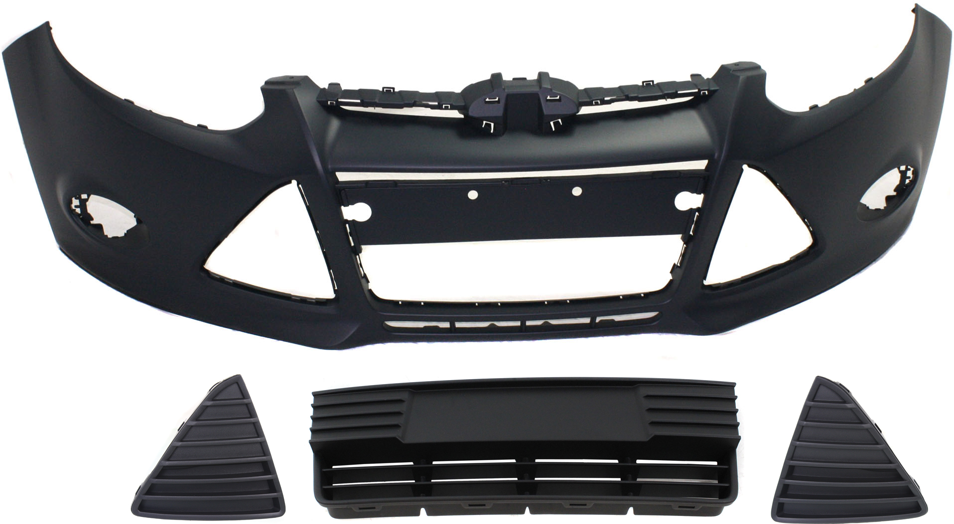 AM FOCUS 12-14 FRONT BUMPER COVER 4 pc Kit Primed w Fog Light Holes w o parking aid sensor holes with Bumper Grille and Fog Light Covers SKU KIT 021818-116 Partslink FO1000664 FO1039114 FO1038114 FO1036137 OEM BM5Z17D957CAPTM CP9Z17K946B CP