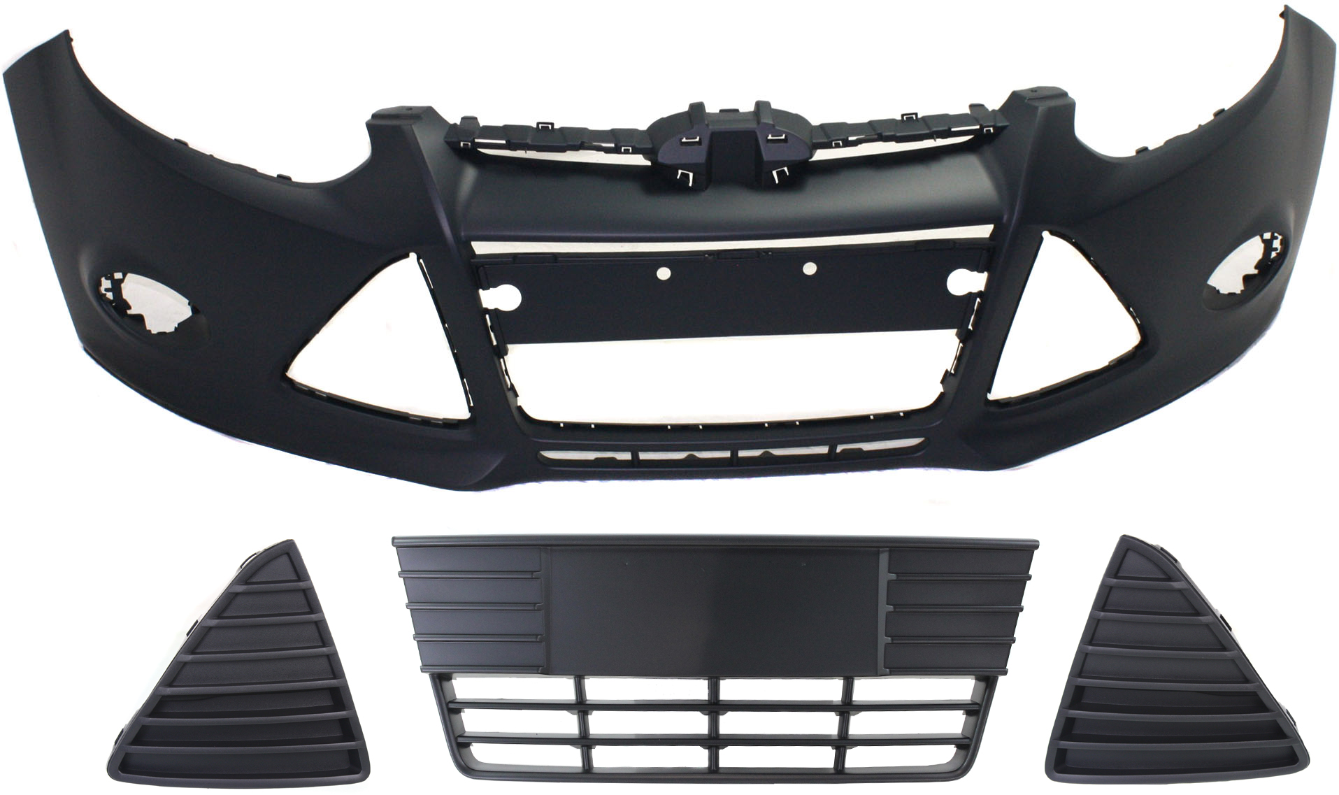 AM FOCUS 12-14 FRONT BUMPER COVER Primed w Fog Light Holes 4 pc Kit with Bumper Grille and Fog Light Covers SKU KIT 021818-117 Partslink FO1000664 FO1038114 FO1039114 FO1036139 OEM BM5Z17D957CAPTM CP9Z17K946A CP