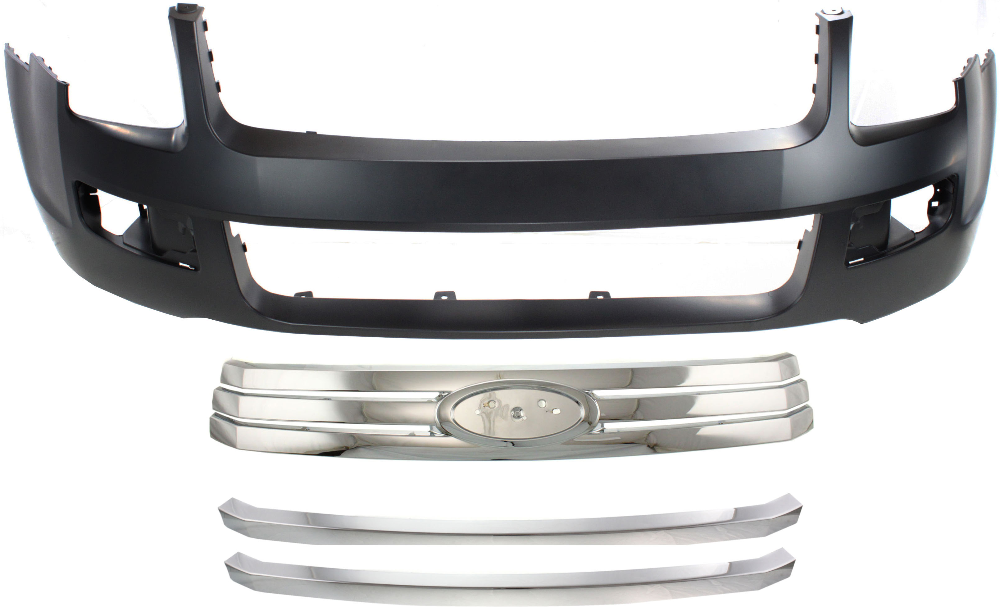 AM FUSION 06-09 FRONT BUMPER COVER 4 pc Kit with Bumper Grilles and Grille Assembly SKU KIT 021818-125 Partslink FO1000596 FO1036118 FO1036117 FO1200467 OEM 6E5Z17D957CAPTM 6E5Z8200C 6E5Z