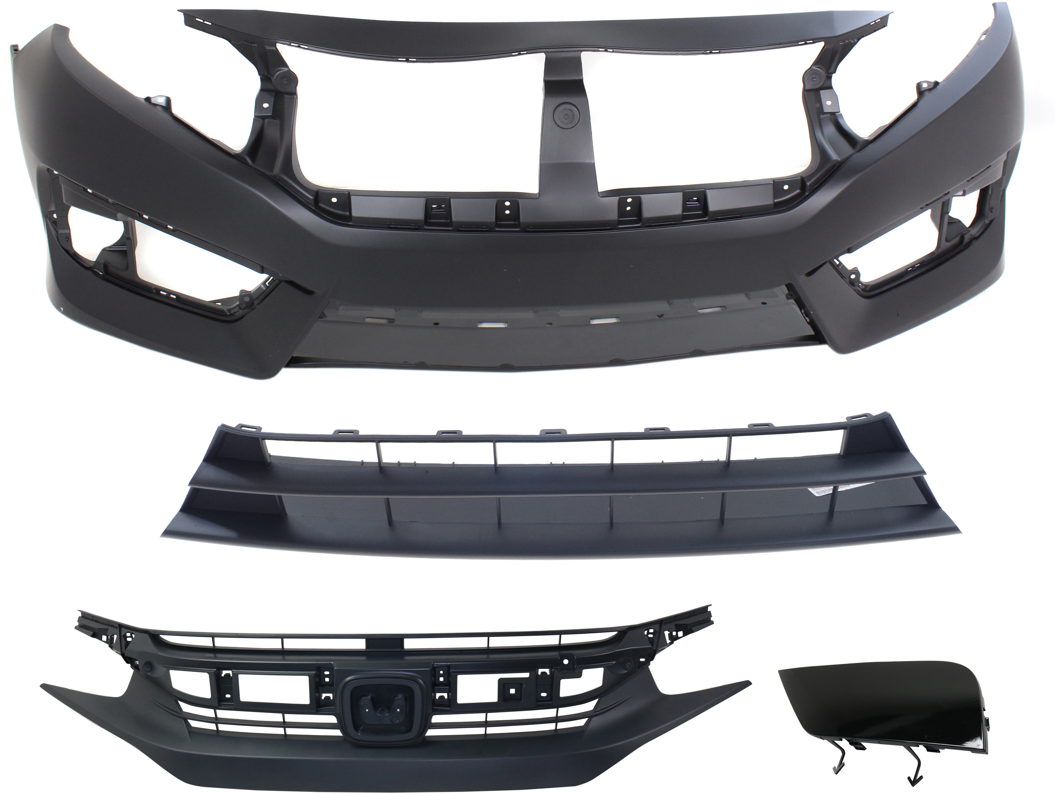 AM CIVIC 16-18 FRONT BUMPER COVER Primed 4 pc Kit with Bumper Filler Bumper Grille and Grille Assembly SKU KIT 021818-126 Partslink HO1000306 HO1038128 HO1036124 HO1200231 OEM 04711TBAA00ZZ 71104TBAA00-7110