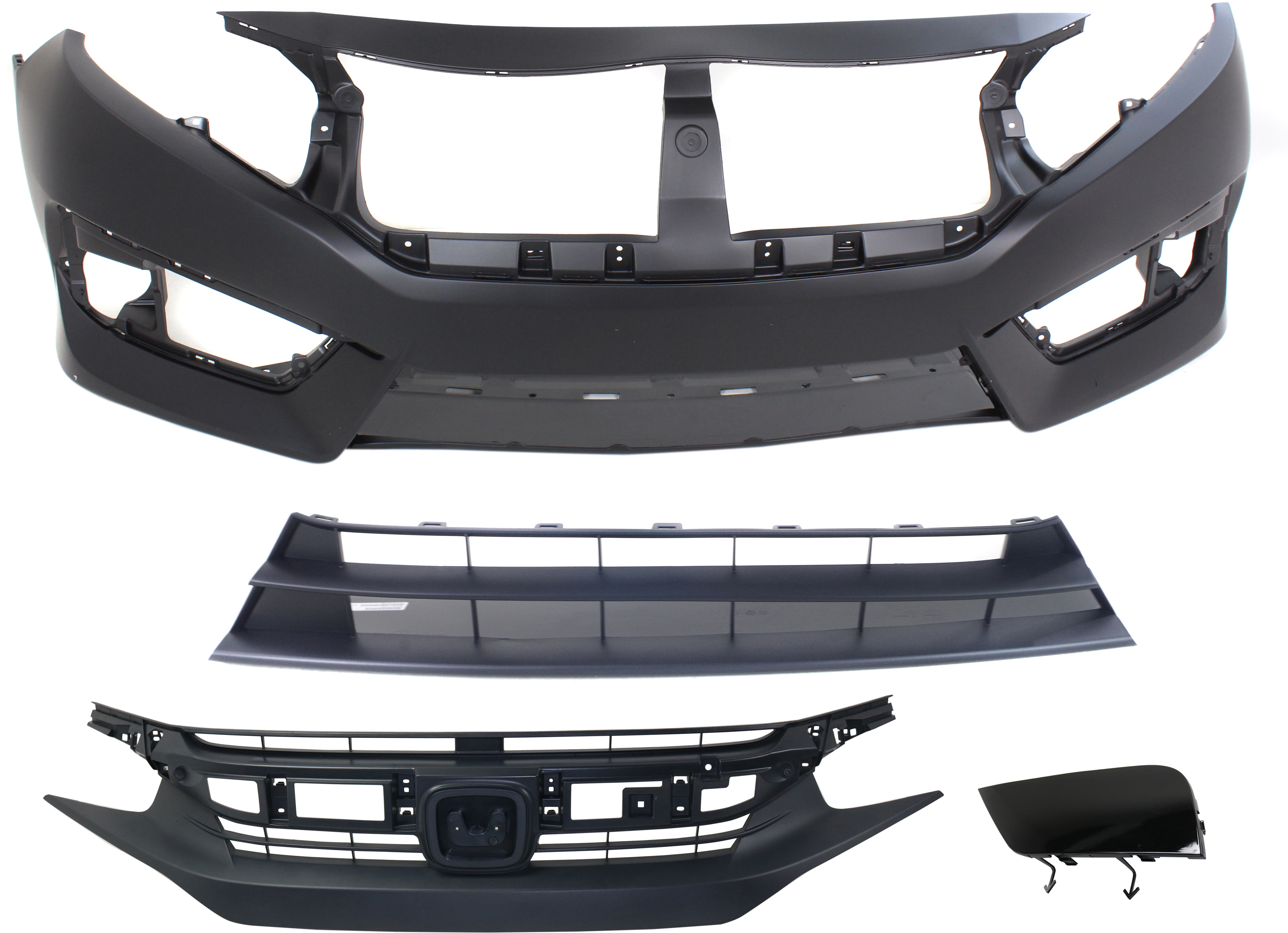 AM CIVIC 16-18 FRONT BUMPER COVER Primed 4 pc Kit with Bumper Filler Bumper Grille and Grille Assembly SKU KIT 021818-127 Partslink HO1000306 HO1038128 HO1036123 HO1200231 OEM 04711TBAA00ZZ 71104TBAA00-7110