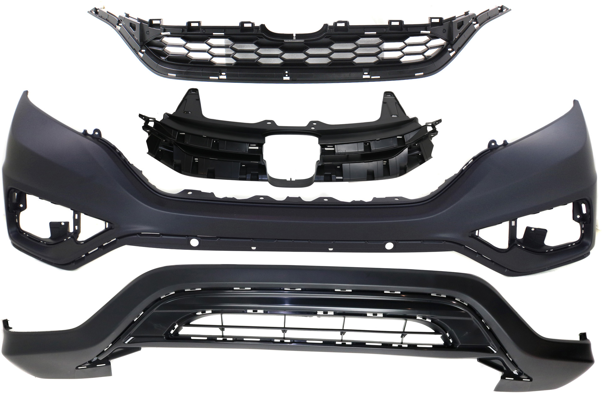 AM CR V 15-16 FRONT BUMPER COVER 4 pc Kit with Grilles SKU KIT 021818-128 Partslink HO1014102 HO1015111 HO1200225 HO1200224 OEM 04711T1WA91ZZ 04712T1WA91-7112